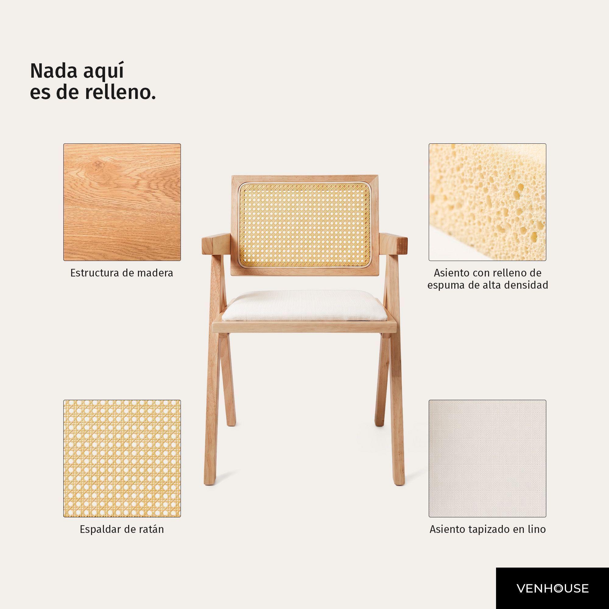 Pack 2 Silla Comedor Chandigarh  Madera Cojín Lino Venhoouse-3