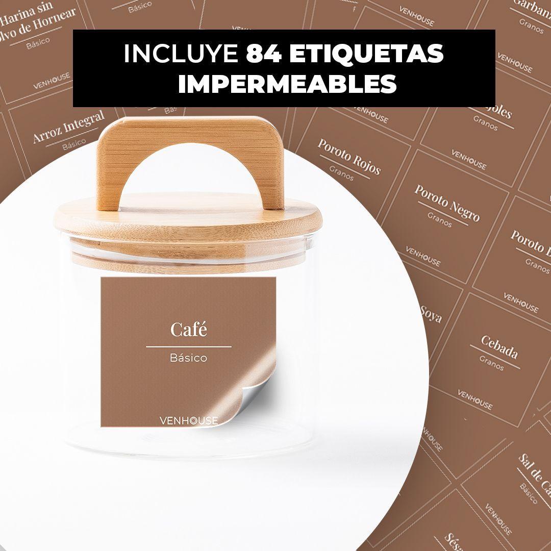 Set 3 Contenedores Herméticos Vidrio Cocina Bambú Con Asa Etiqueta Marrón-2
