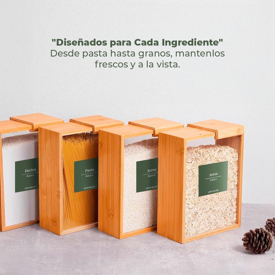 4 Contenedor Hermético Despensa Vidrio Bambú 2200ml Etiqueta Verde-4