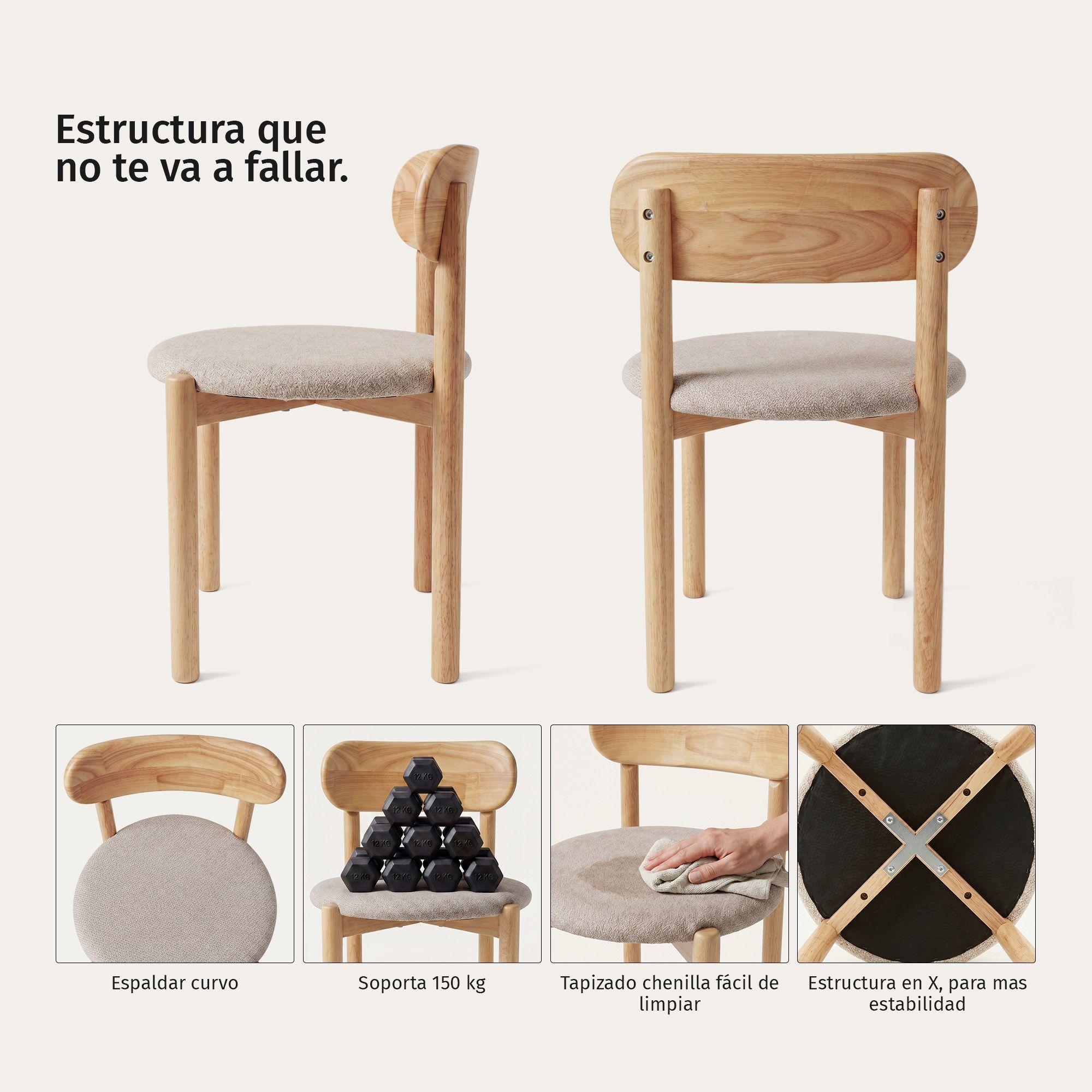 Pack 2 Sillas Para Comedor Cocina Madera Tapizada Moderna Respaldo Porto Greige -2