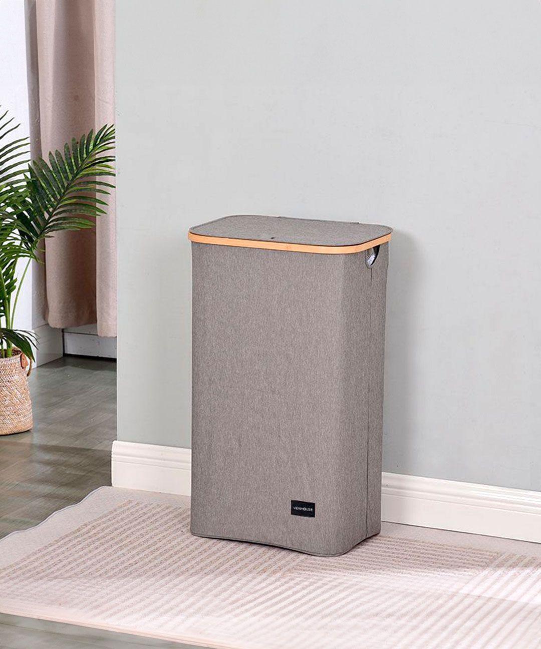 Venhoouse Cesta Canasto Ropa Sucia Plegable Borde Bambú 100l Gris-1