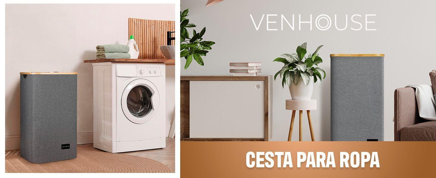 Venhoouse Cesta Canasto Ropa Sucia Plegable Borde Bambú 100l Gris-2