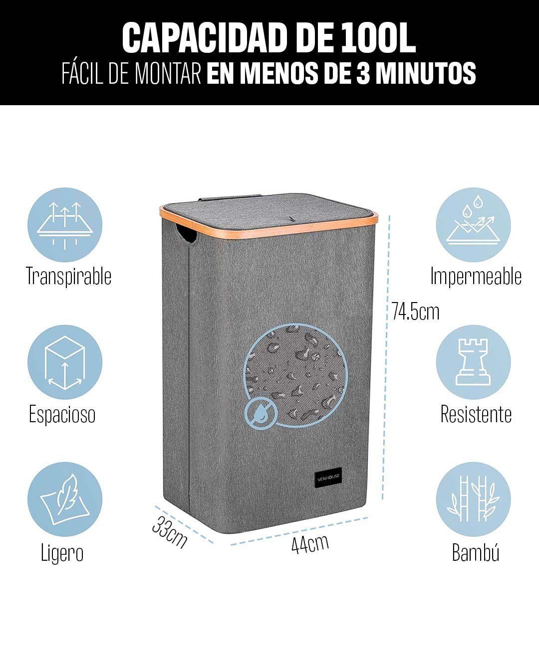 Venhoouse Cesta Canasto Ropa Sucia Plegable Borde Bambú 100l Gris-3