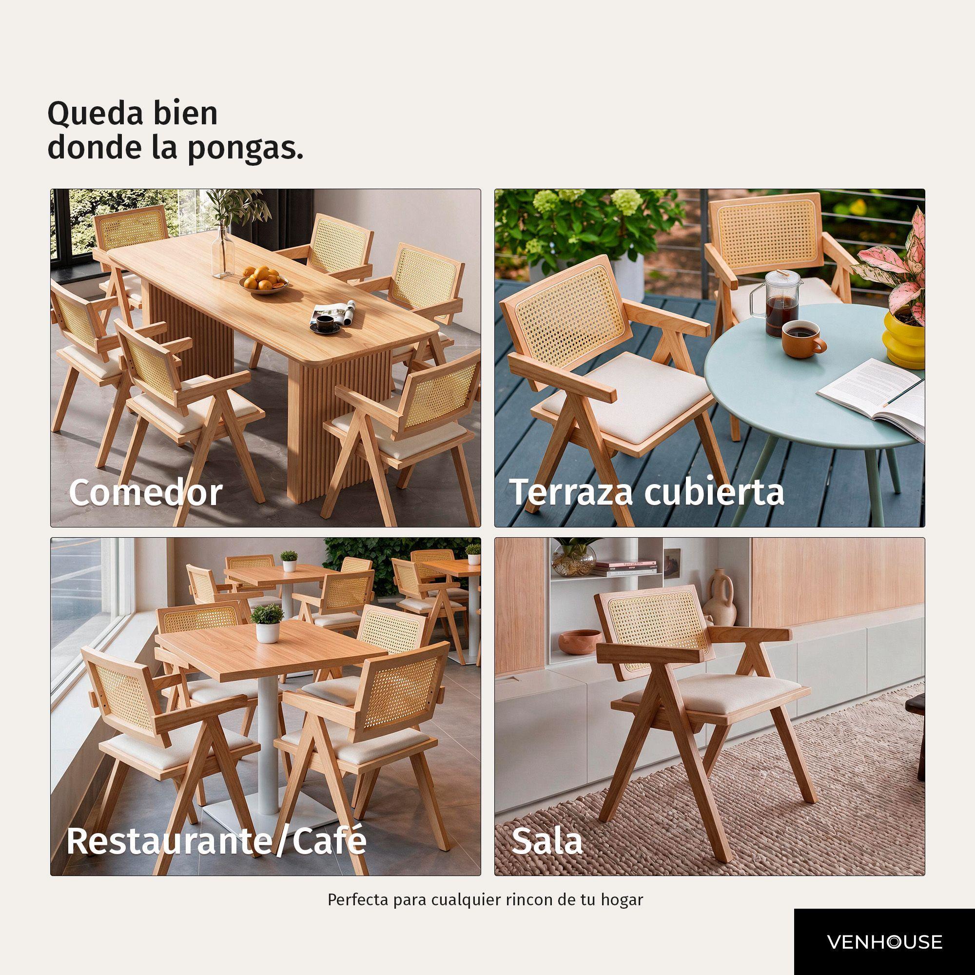 Pack 4 Silla Comedor Chandigarh Madera Natural Cojín Lino Venhoouse-5