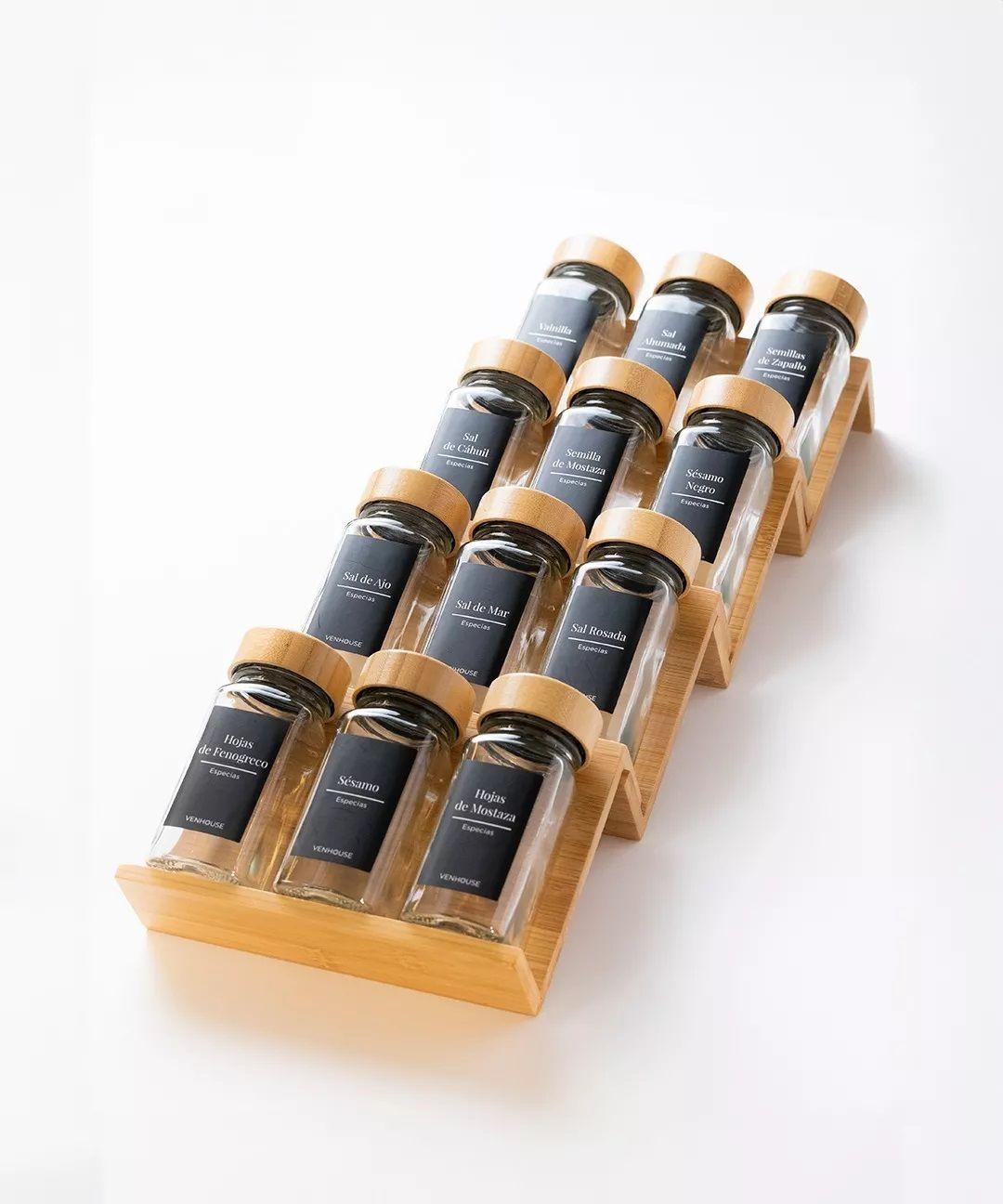 12 Especieros Condimenteros Con Rack Cajón Bambú Cocina Etiqueta Negra-2