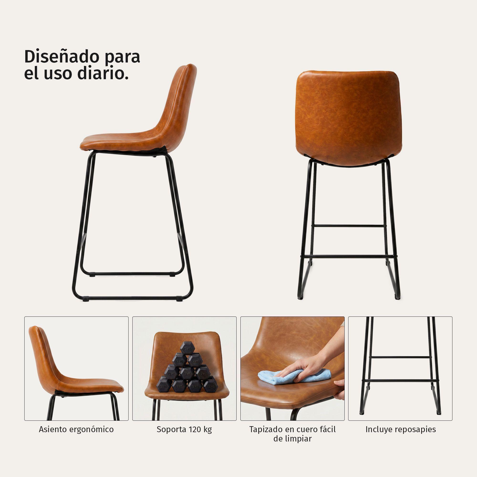 Pack 2 Sillas Piso Bar Taburetes Cocina Respaldo Metal Cuero Altas Burgos Caramelo-2