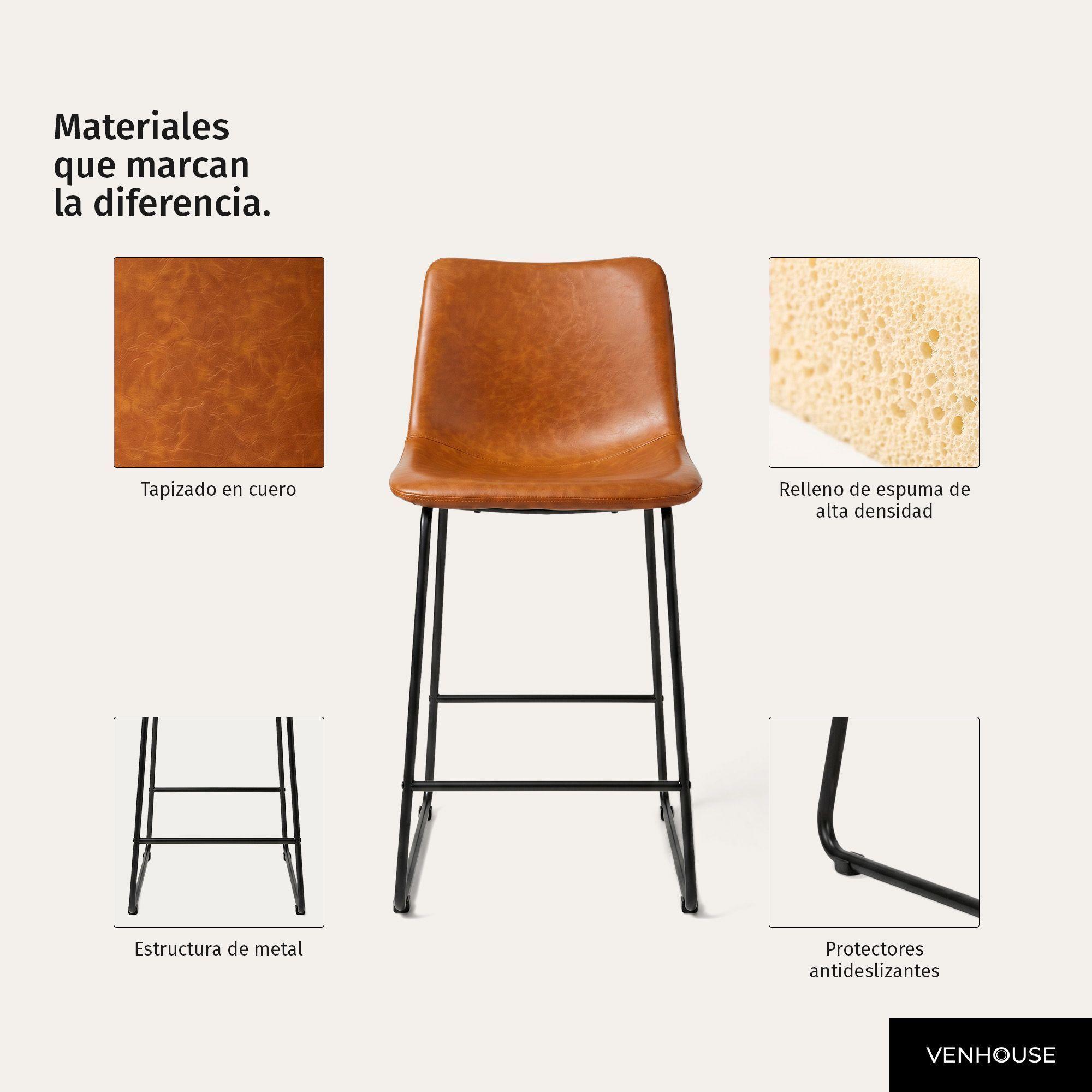 Pack 2 Sillas Piso Bar Taburetes Cocina Respaldo Metal Cuero Altas Burgos Caramelo-4