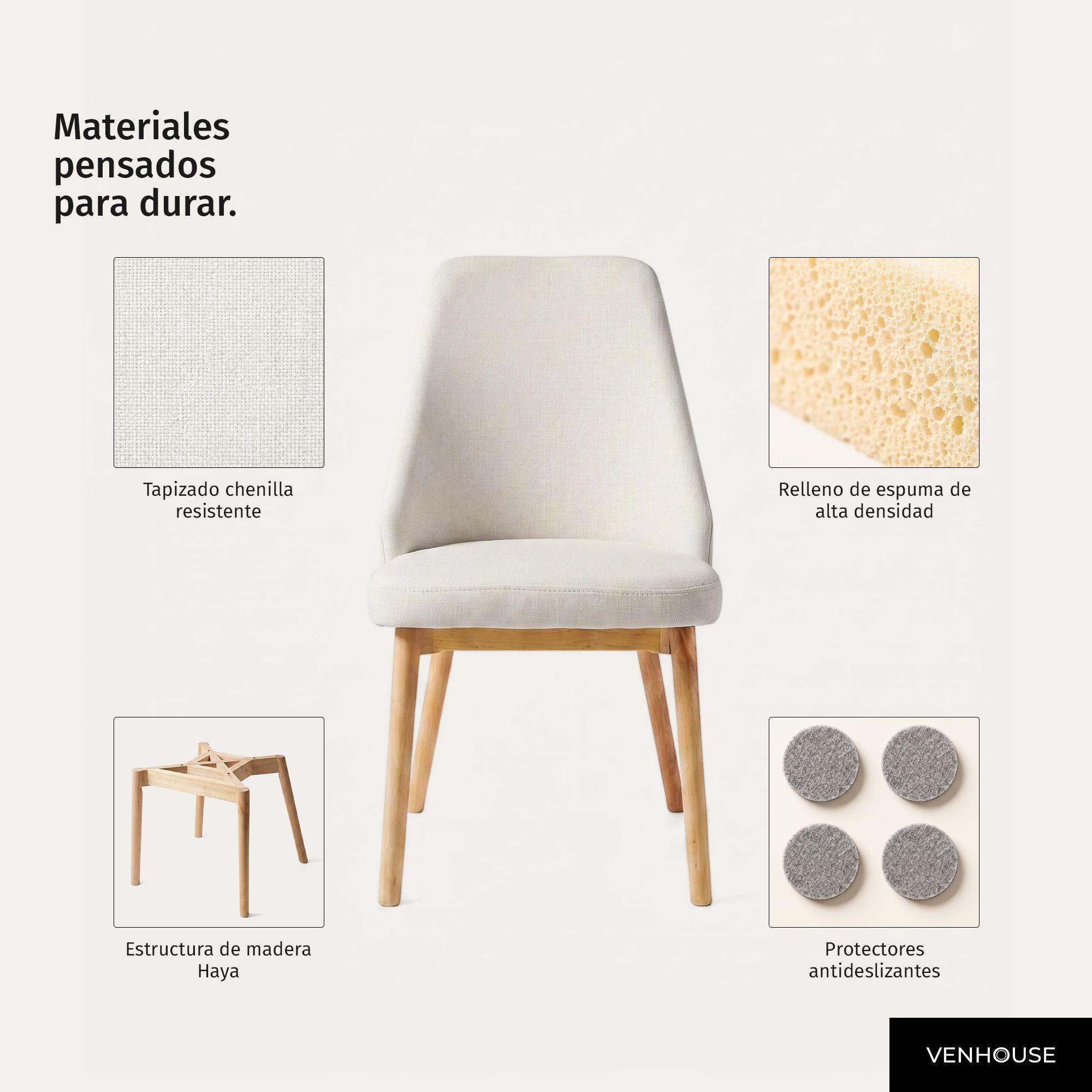 Pack 4 Sillas Comedor Lena Madera Asiento Acolchado Poliéster Beige-3