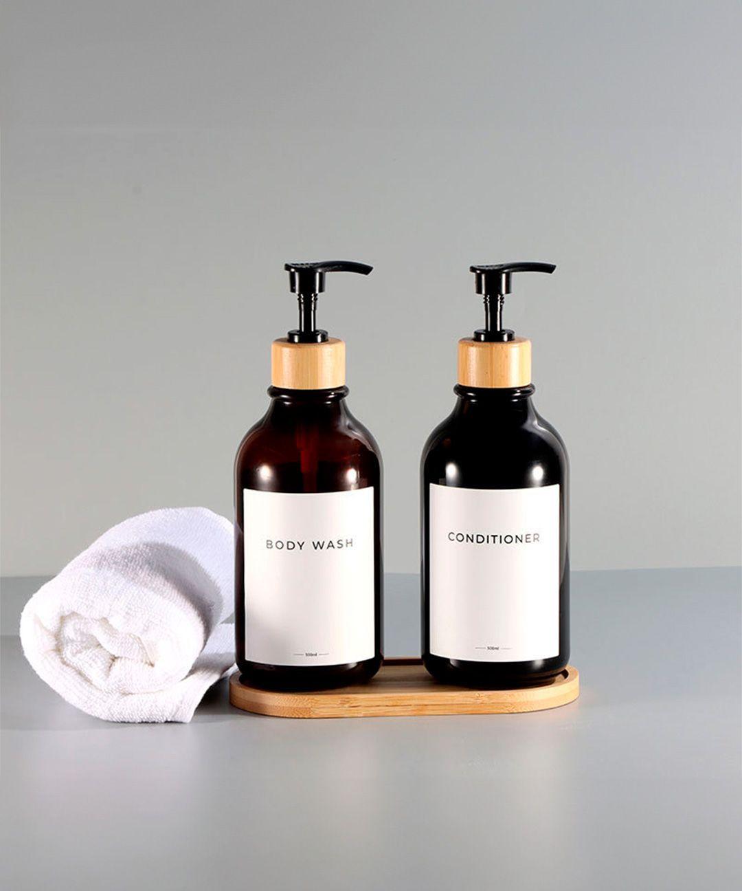 Venhoouse Pack 3 Dispensador De Jabón 500 Ml Plástico Bambú Ambar-4