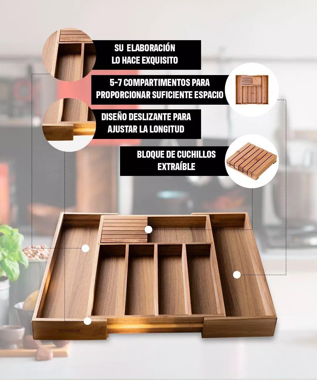 Organizador De Cubiertos Acacia De Cocina Extensible Cajón-3