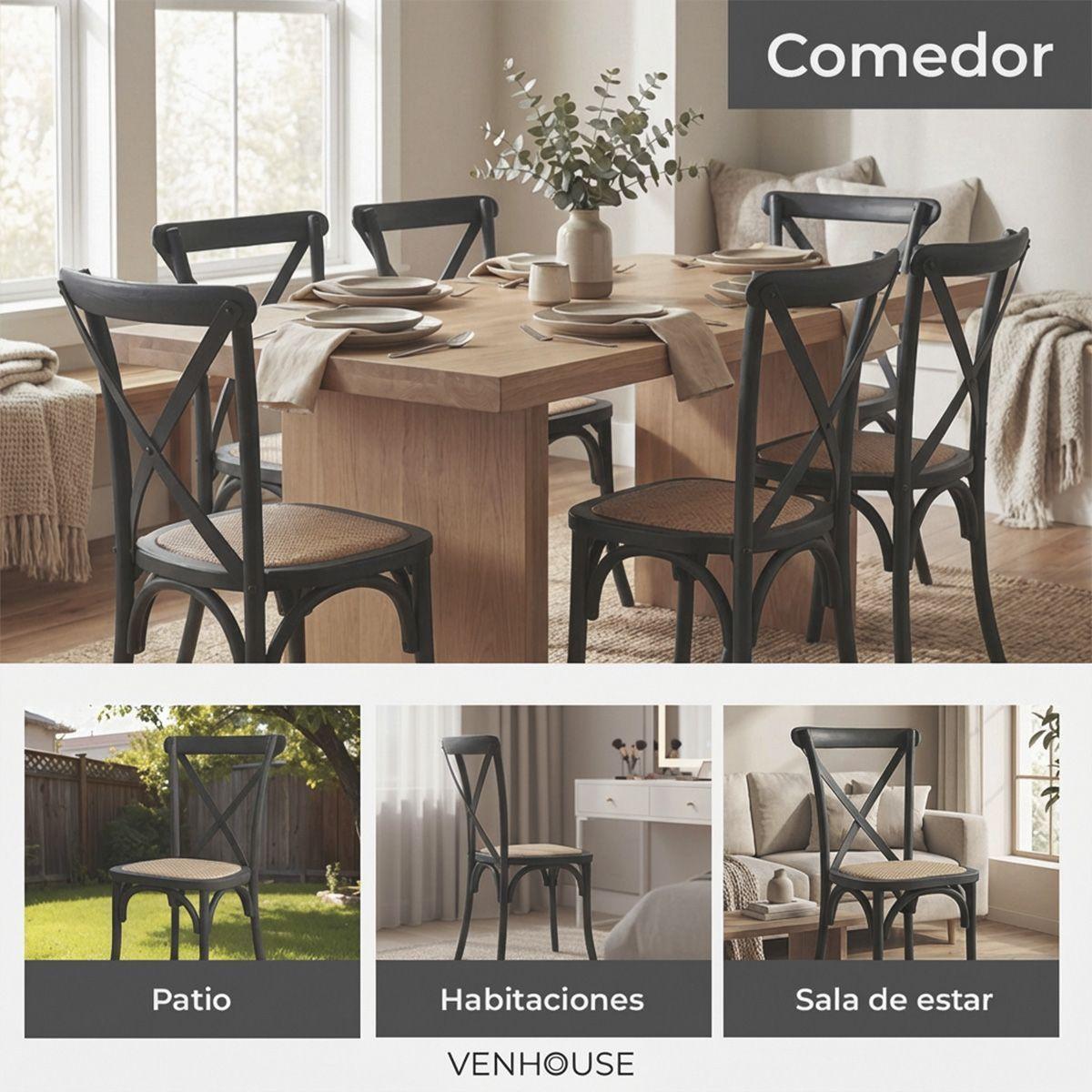 Silla Comedor Madera Negra Rattan Apilables Crossback Venhoouse-4