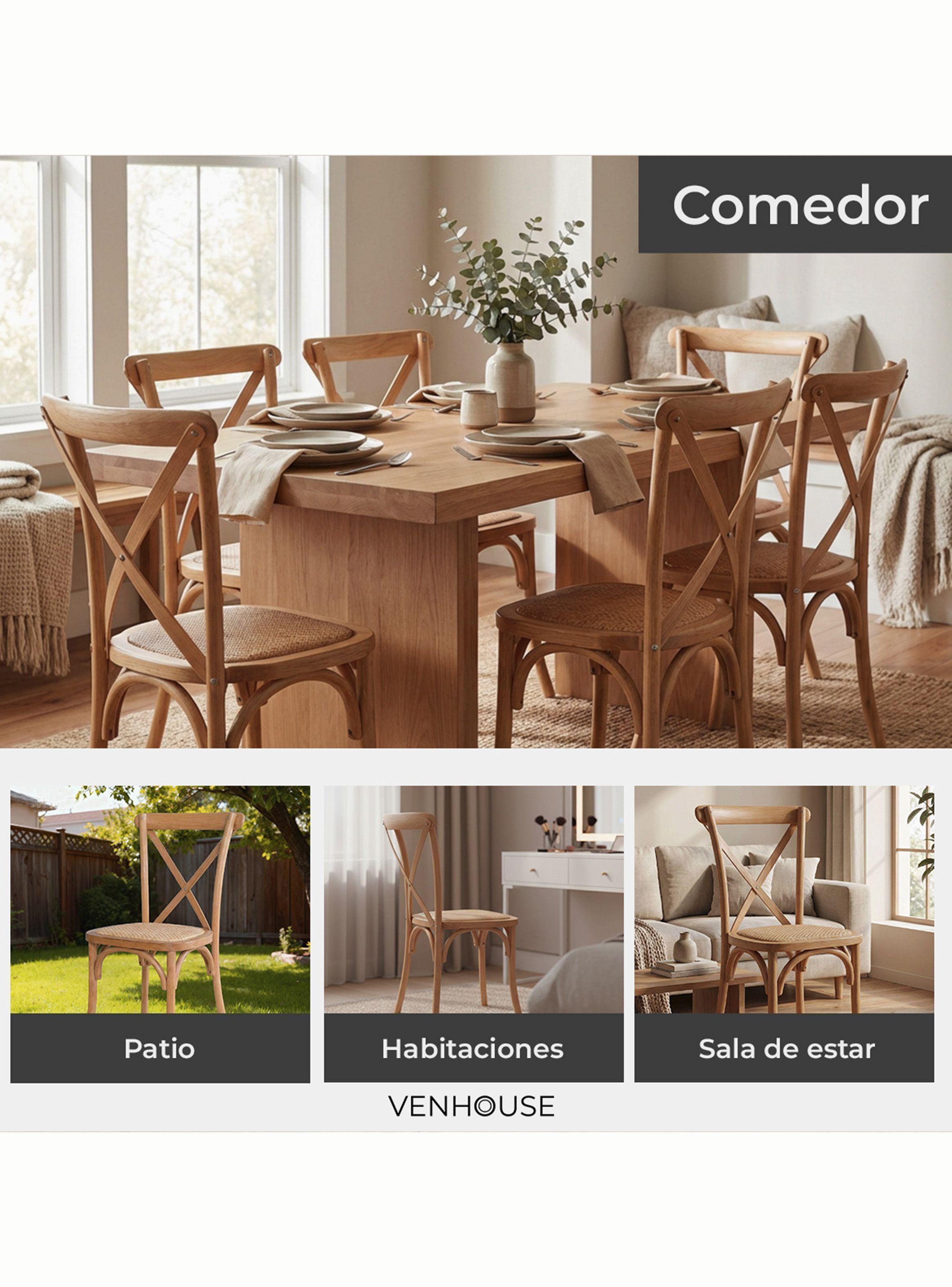Pack 4 Sillas Comedor Madera Natural Rattan Apilables Crossback Venhoouse-4