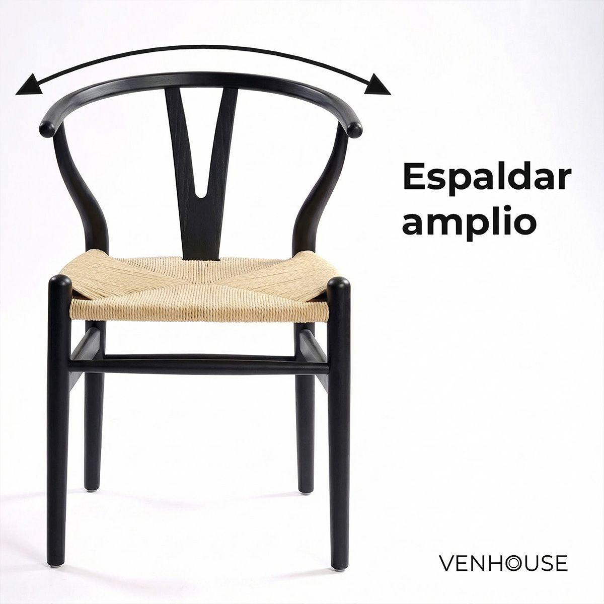 Silla Wishbone Para Comedor Madera De Haya Asiento De Cuerda Negra-2