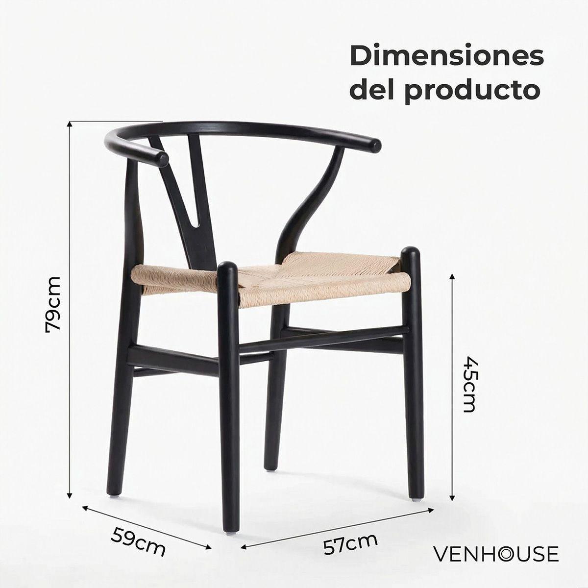 Silla Wishbone Para Comedor Madera De Haya Asiento De Cuerda Negra-3