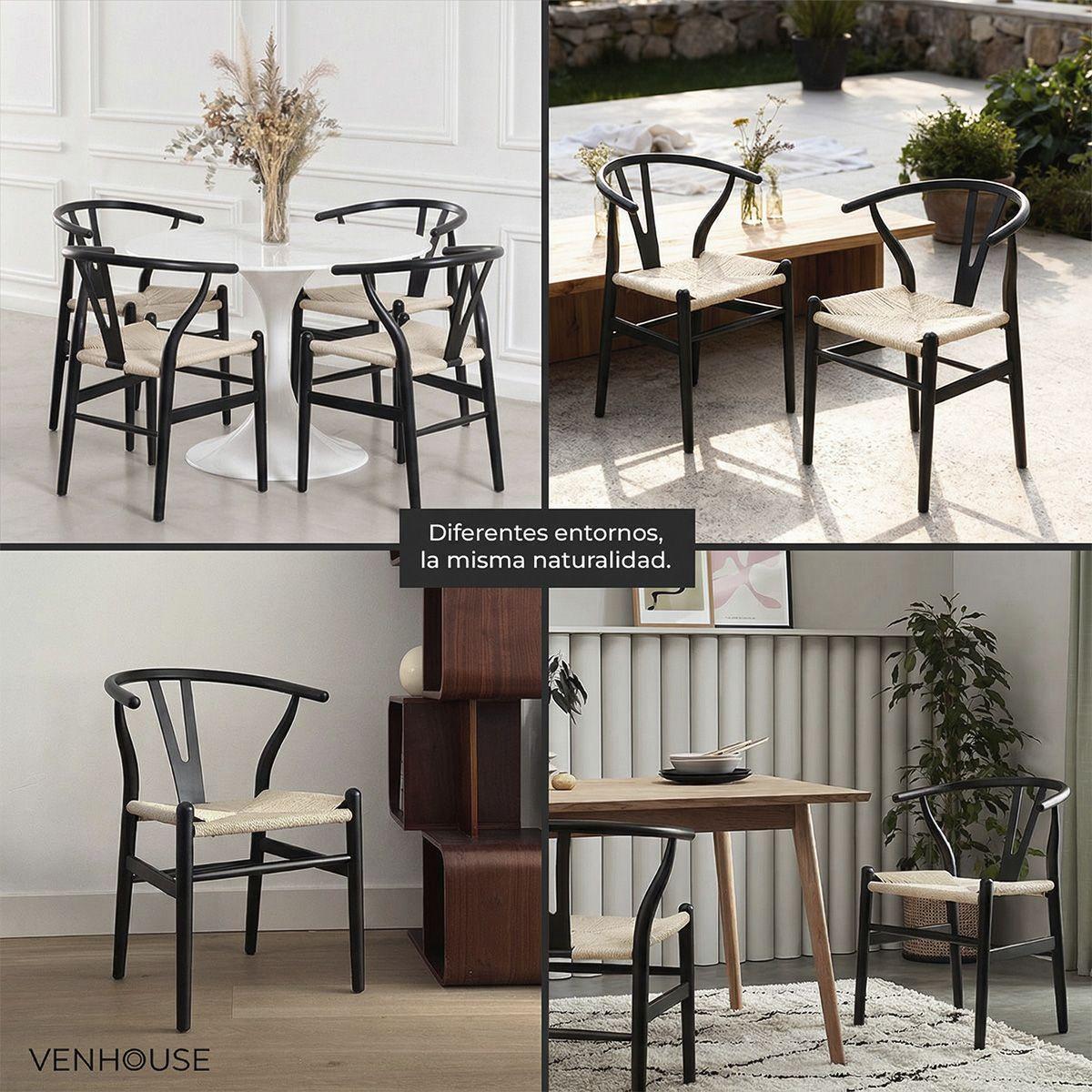 Silla Wishbone Para Comedor Madera De Haya Asiento De Cuerda Negra-4