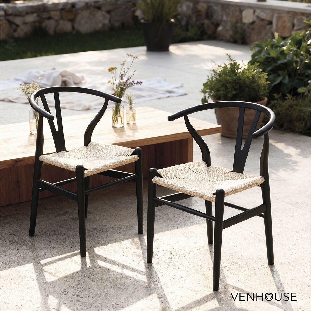 Silla Wishbone Para Comedor Madera De Haya Asiento De Cuerda Negra-6