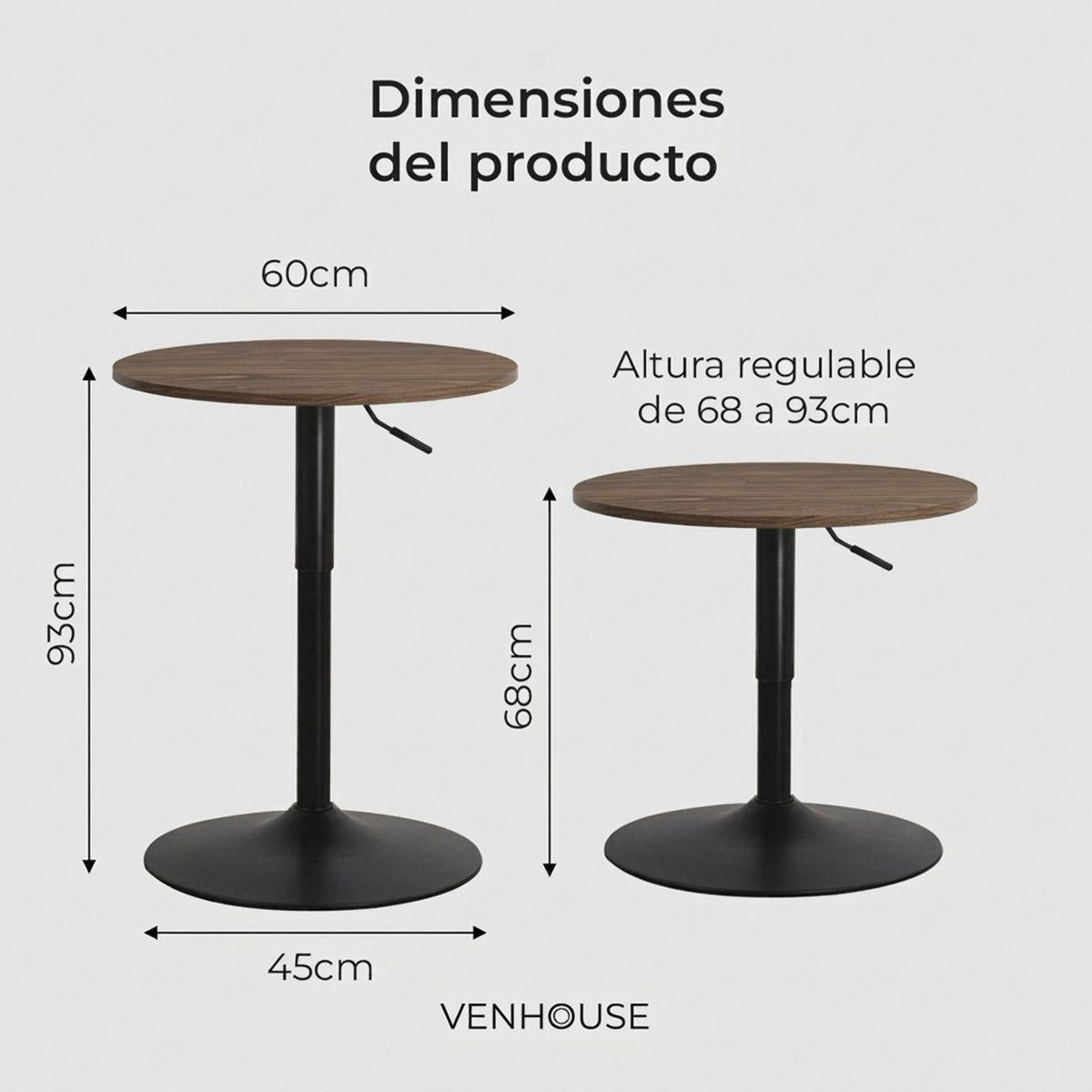 Mesa Bar Lorven Altura Ajustable Diámetro 60cm Comedor Madera Oscura-3