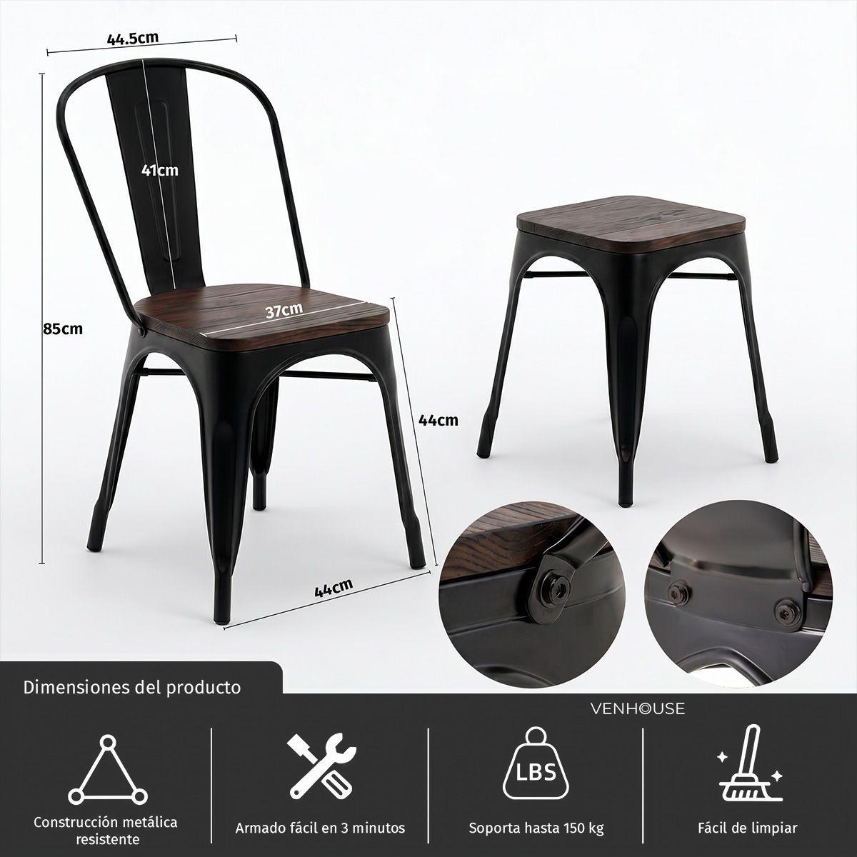 Juego De Comedor Tolix 4 Sillas Cuadrado 80cm Venhoouse Madera Oscura-5