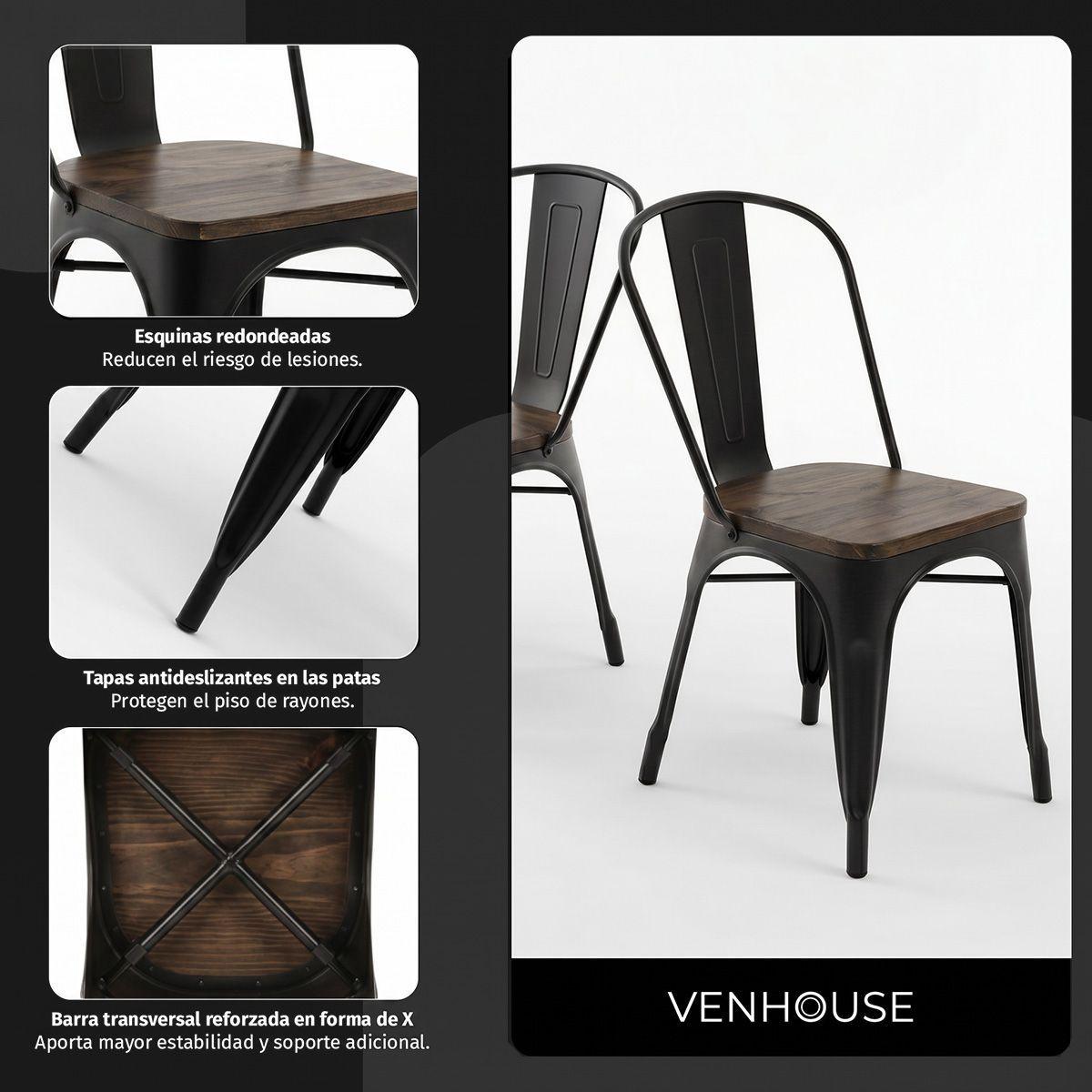 Juego De Comedor Tolix 4 Sillas Cuadrado 80cm Venhoouse Madera Oscura-6