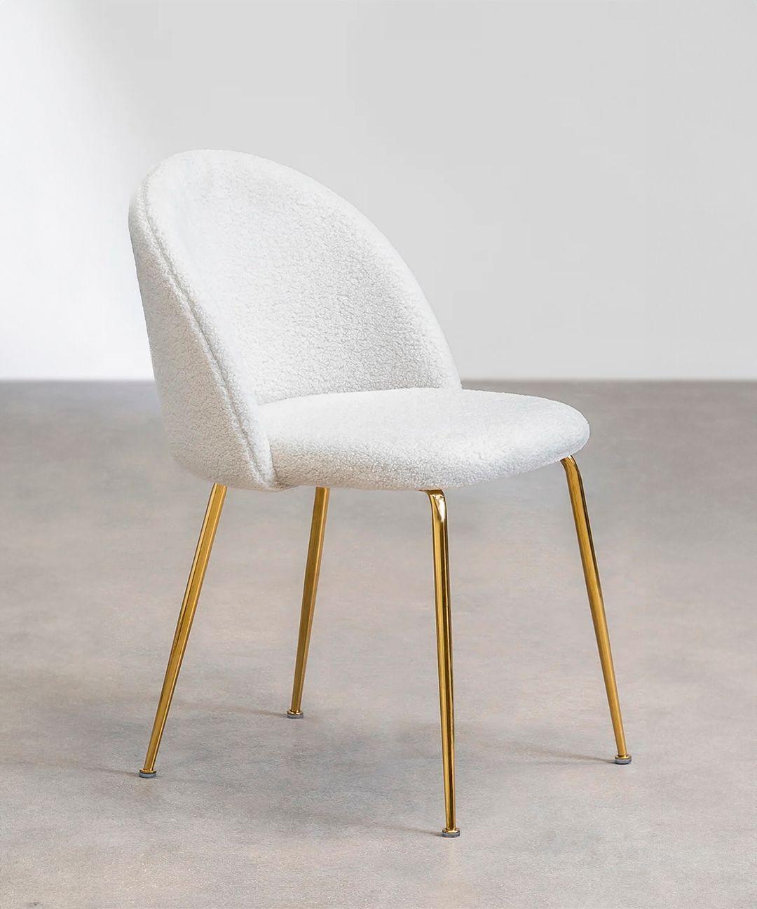Silla De Comedor Sora Tapiz Boucle Blanca patas doradas-1