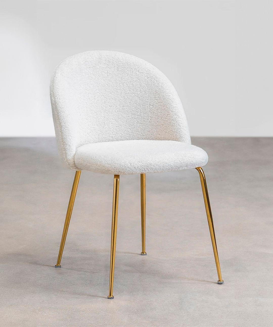 Silla De Comedor Sora Tapiz Boucle Blanca patas doradas-3