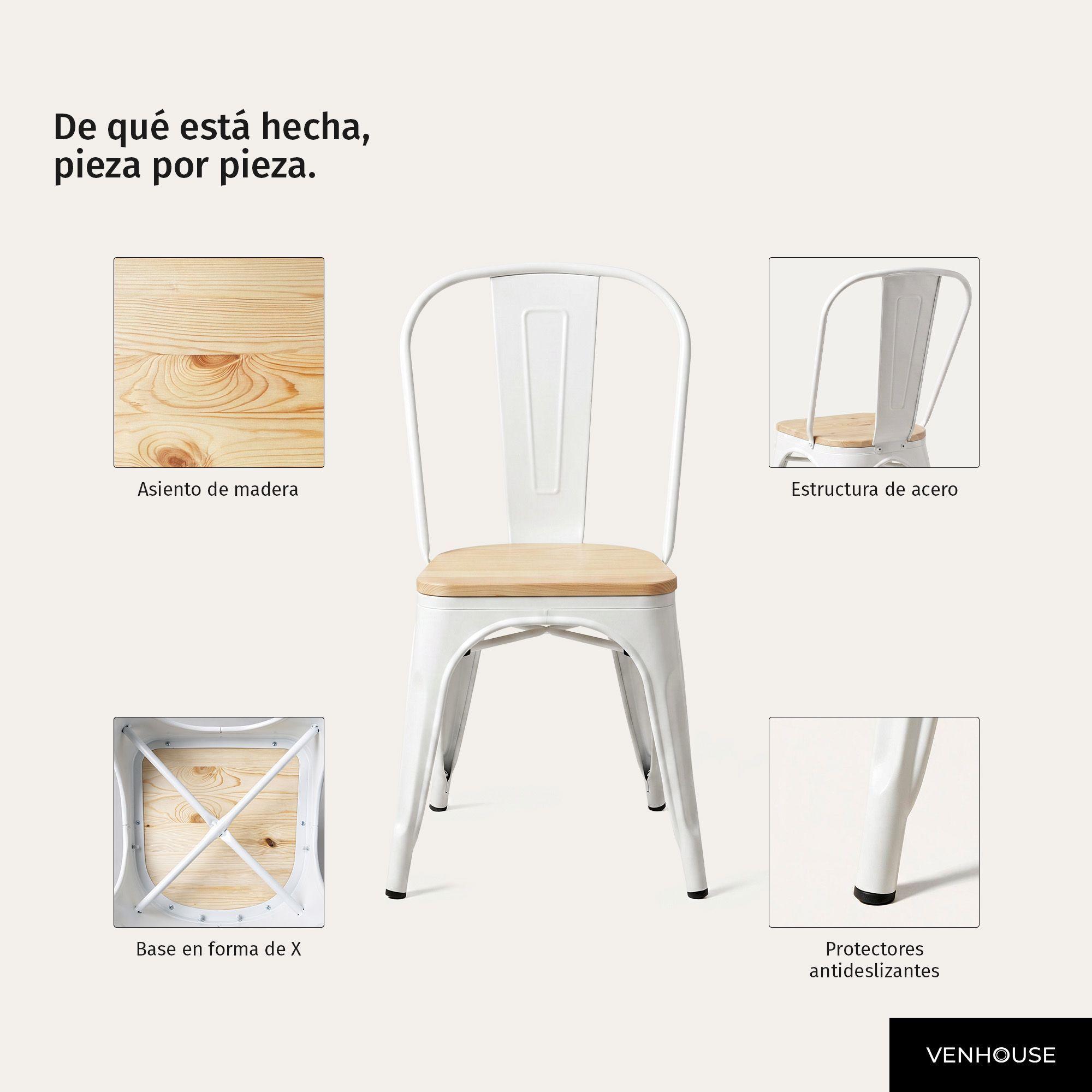 Silla Comedor Terraza Exterior Tolix Metal Madera Natural Apilable Industrial Blanca-5
