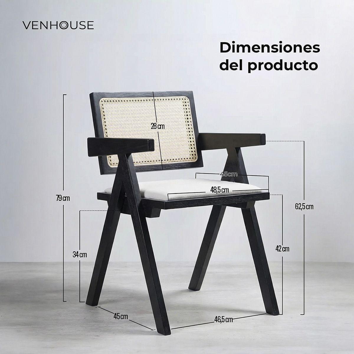 Pack 4 Silla Comedor Chandigarh Madera Negra Cojín Lino Venhoouse-3