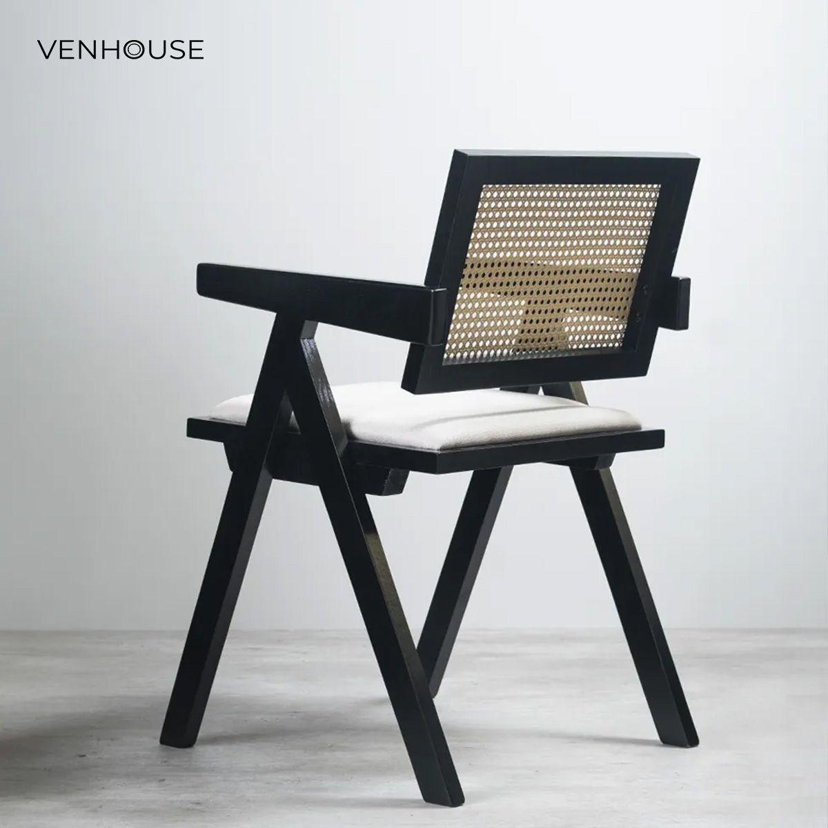 Pack 4 Silla Comedor Chandigarh Madera Negra Cojín Lino Venhoouse-6