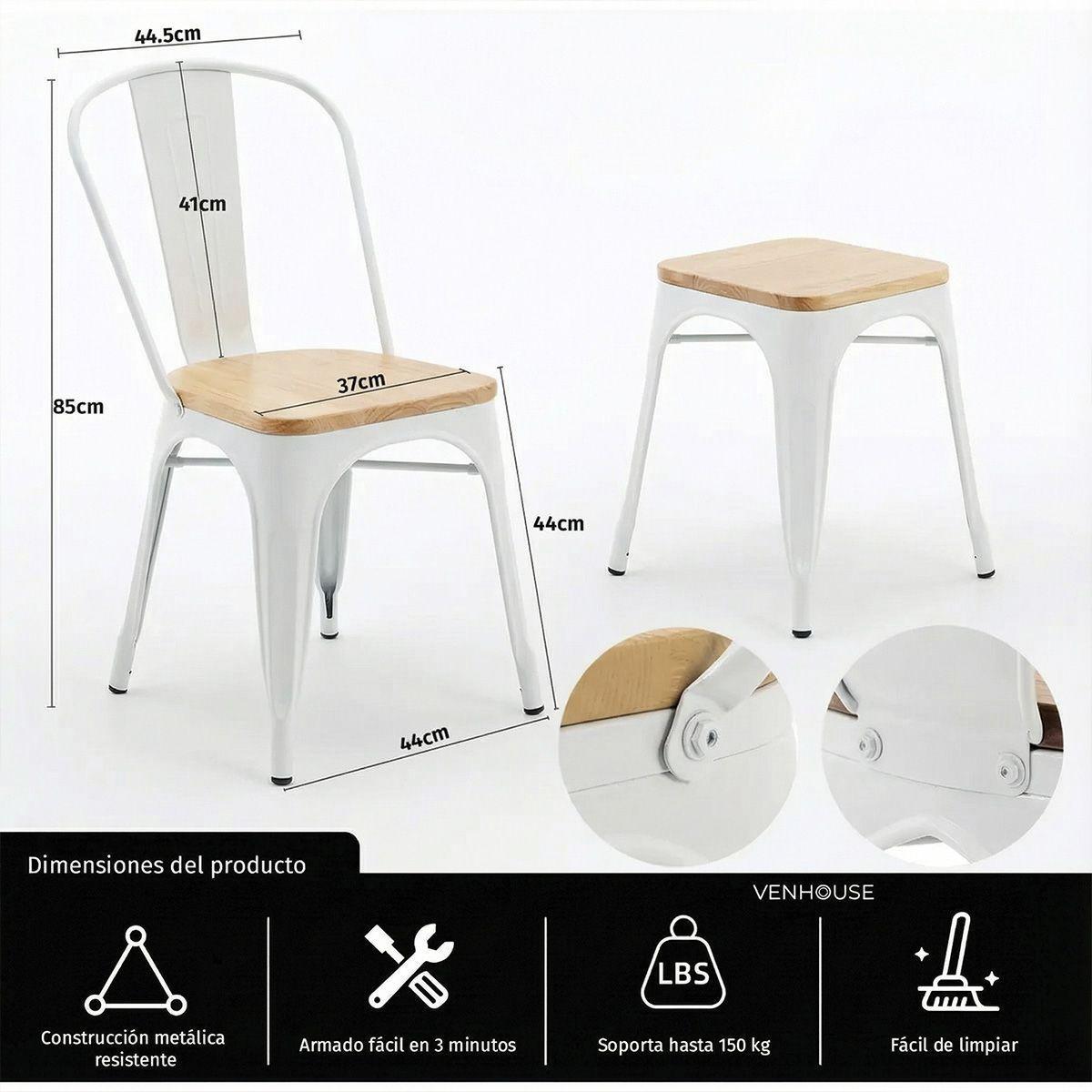 Pack De 2 Sillas Tolix Blancas Con Asiento De Madera-3