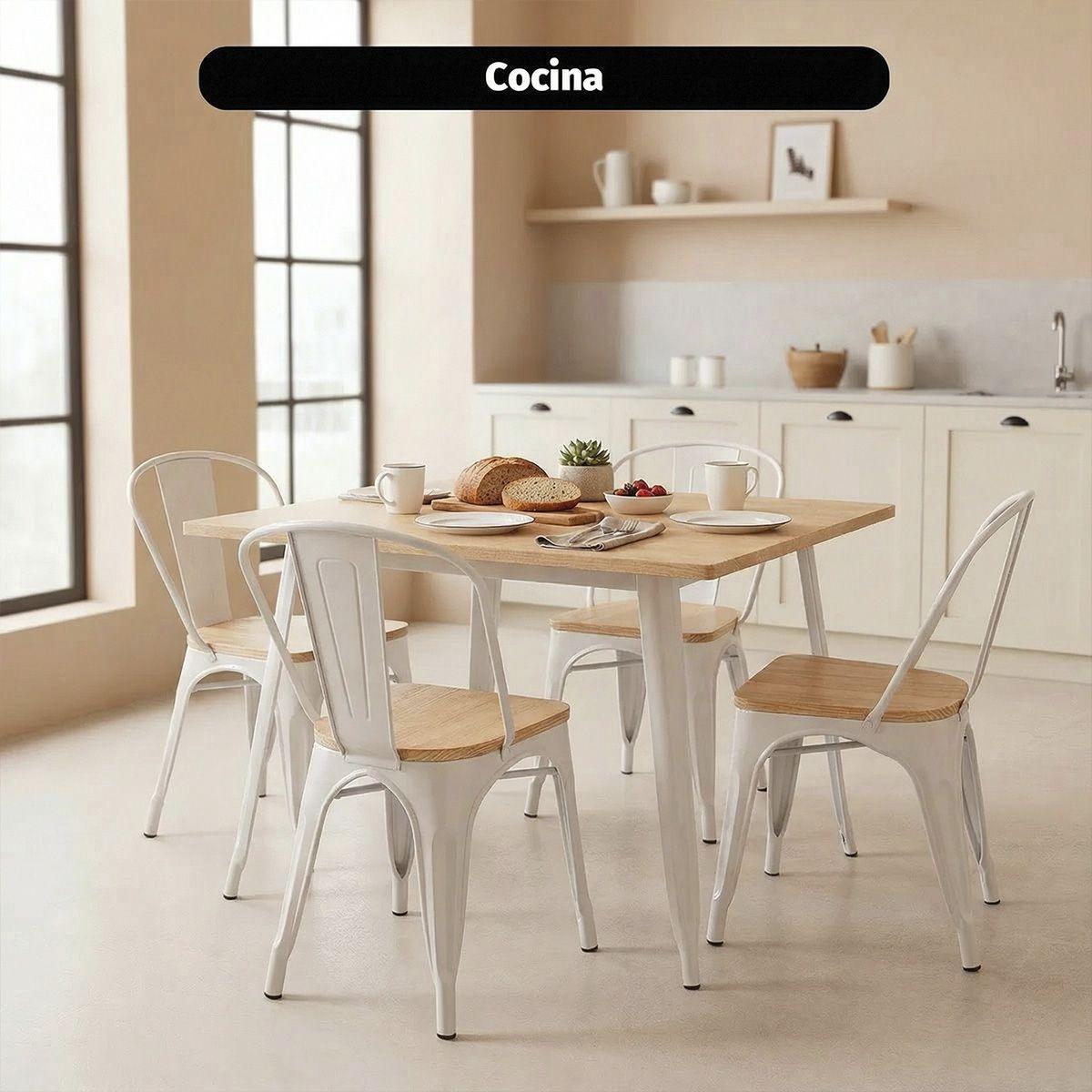 Pack De 2 Sillas Tolix Blancas Con Asiento De Madera-6