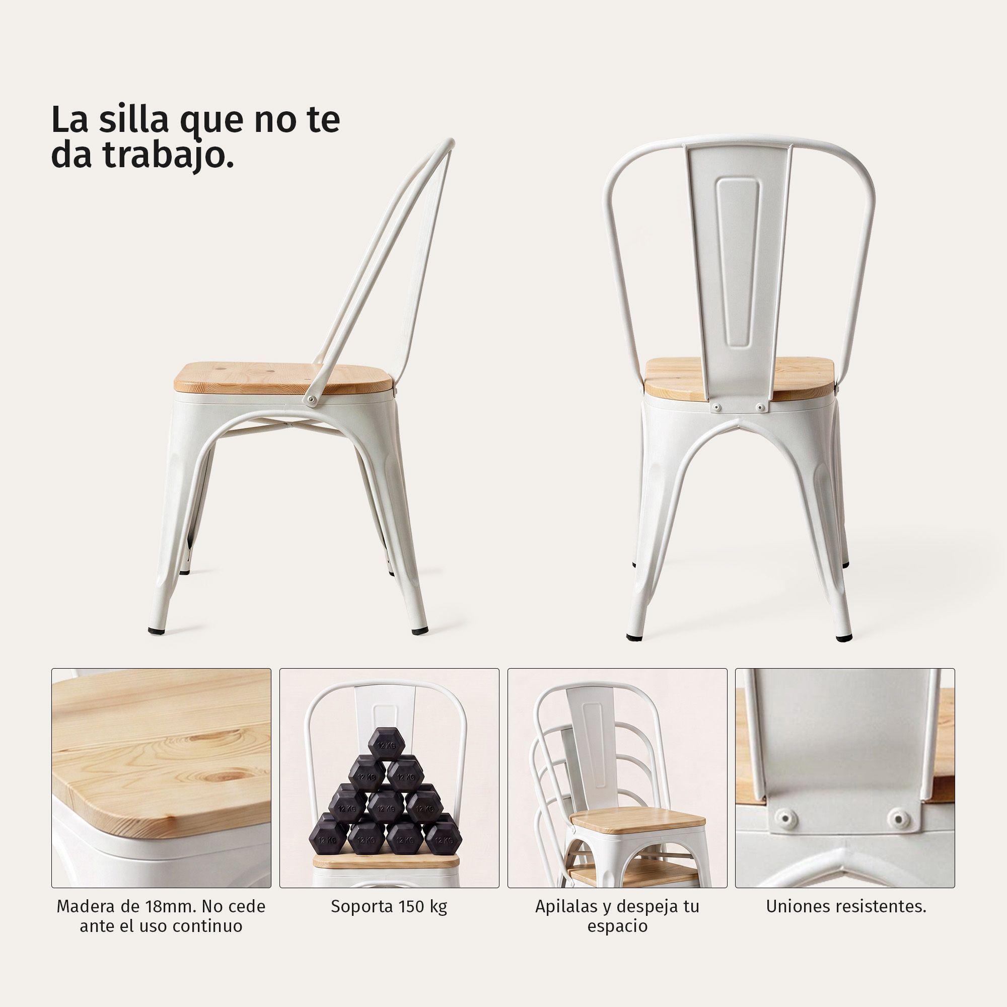 Pack 2 Sillas Comedor Terraza Exterior Tolix Metal Madera Natural Apilables Industrial Blancas-2