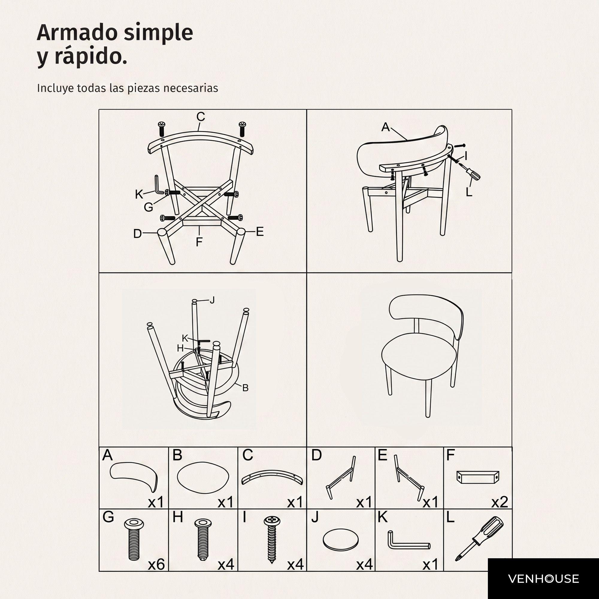Pack 4 Sillas Para Comedor Madera Tapizada Moderna Respaldo Siena Beige -6