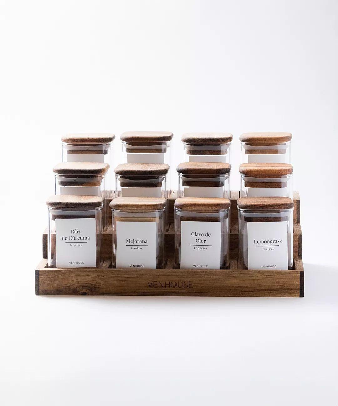 12 Especieros Herméticos De Vidrio Acacia Rack Cocina Etiqueta Blanca-2