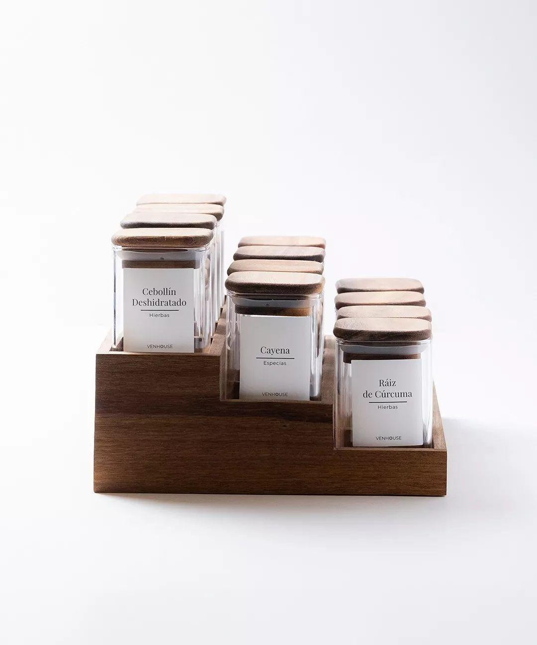 12 Especieros Herméticos De Vidrio Acacia Rack Cocina Etiqueta Blanca-3