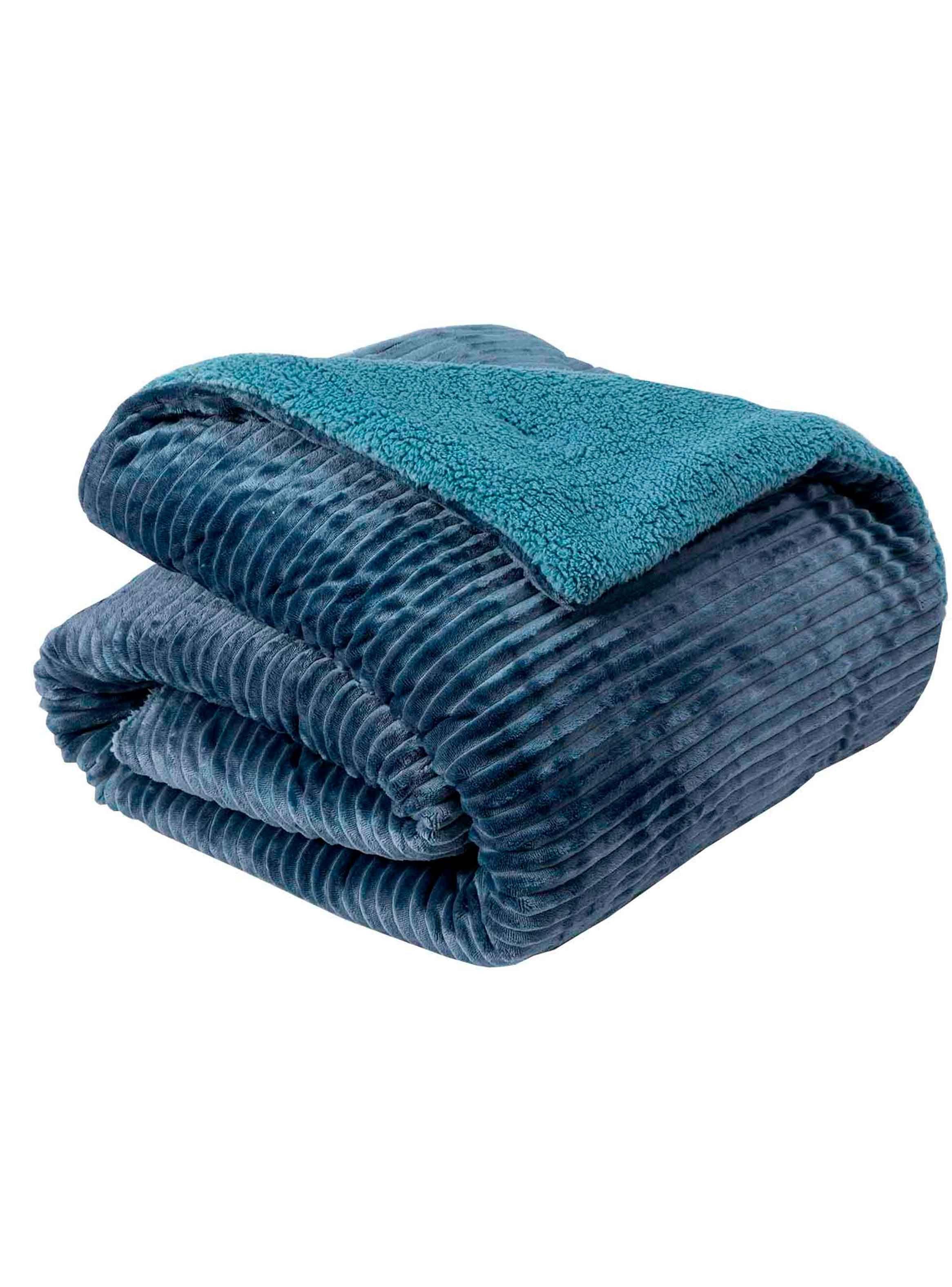 Cobertor  Reversible Sherpa 2 Plazas Cotelón Azul-2