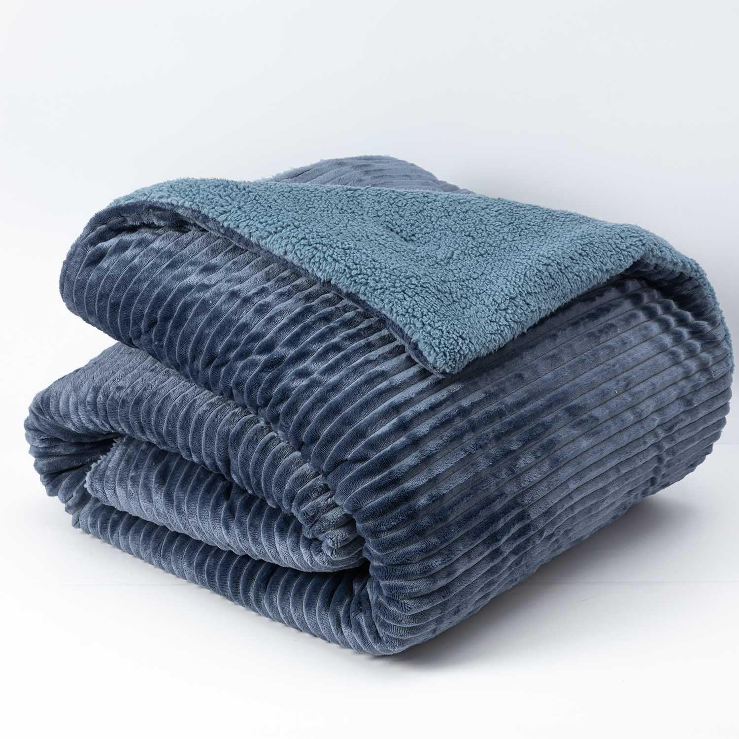 Cobertor  Reversible Sherpa 2 Plazas Cotelón Azul-2