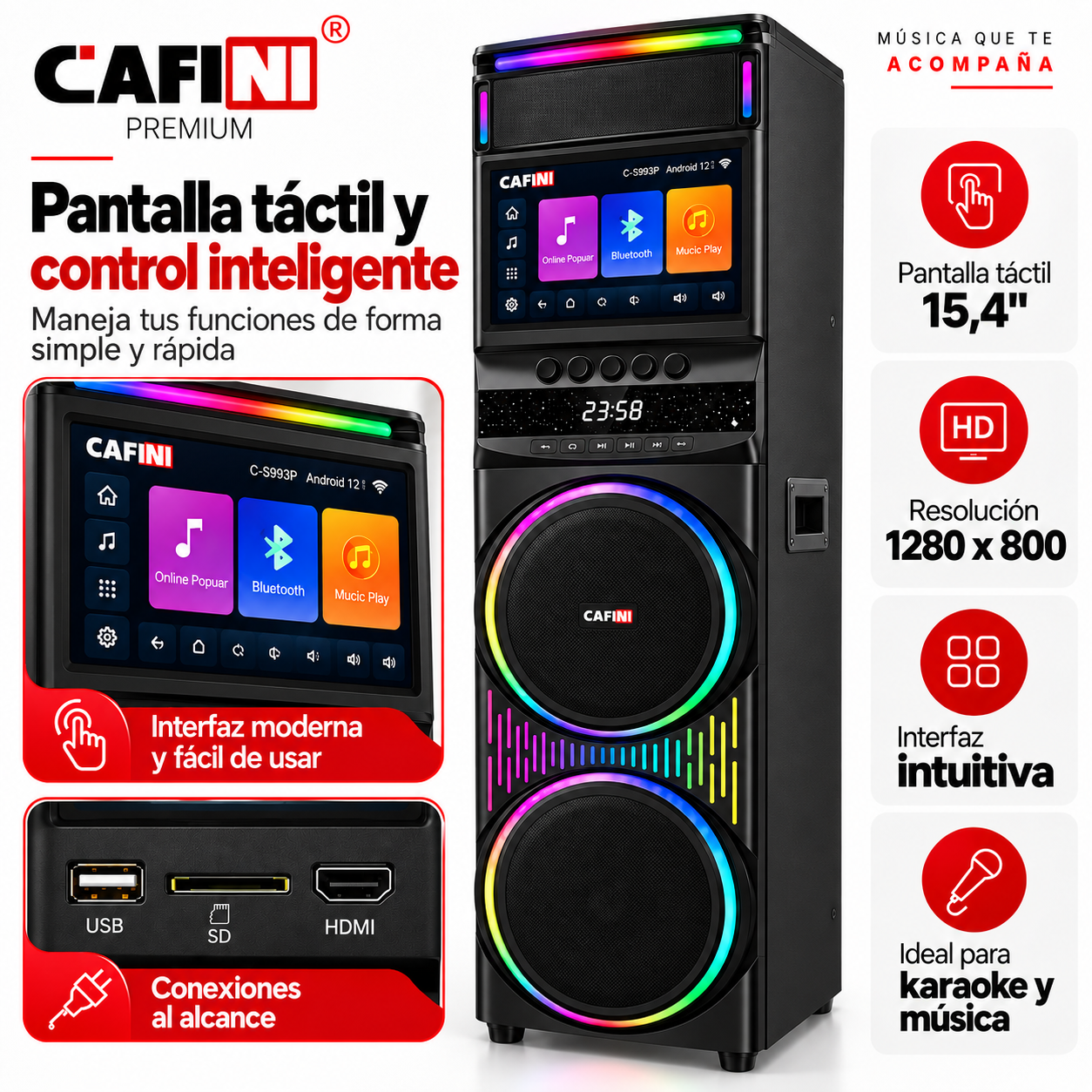 Torre de Sonido Karaoke Cafini C S993P 160W Pantalla T ctil 15 4 Pulgadas Incluye 2 Microfonos-4