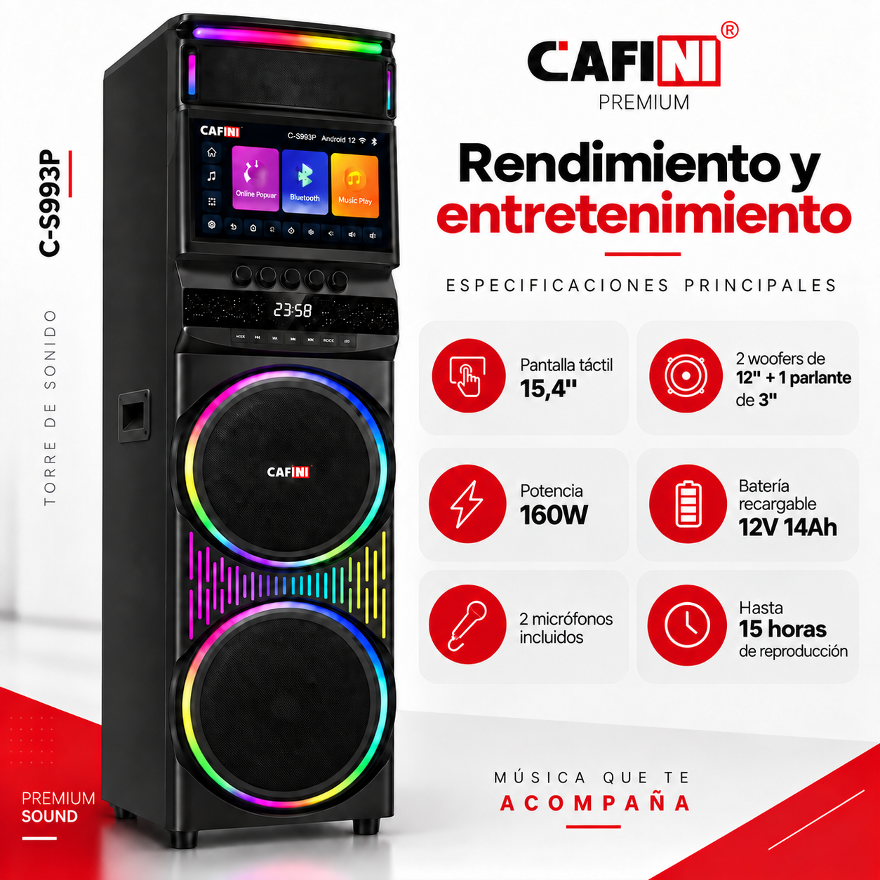 Torre de Sonido Karaoke Cafini C S993P 160W Pantalla T ctil 15 4 Pulgadas Incluye 2 Microfonos-5