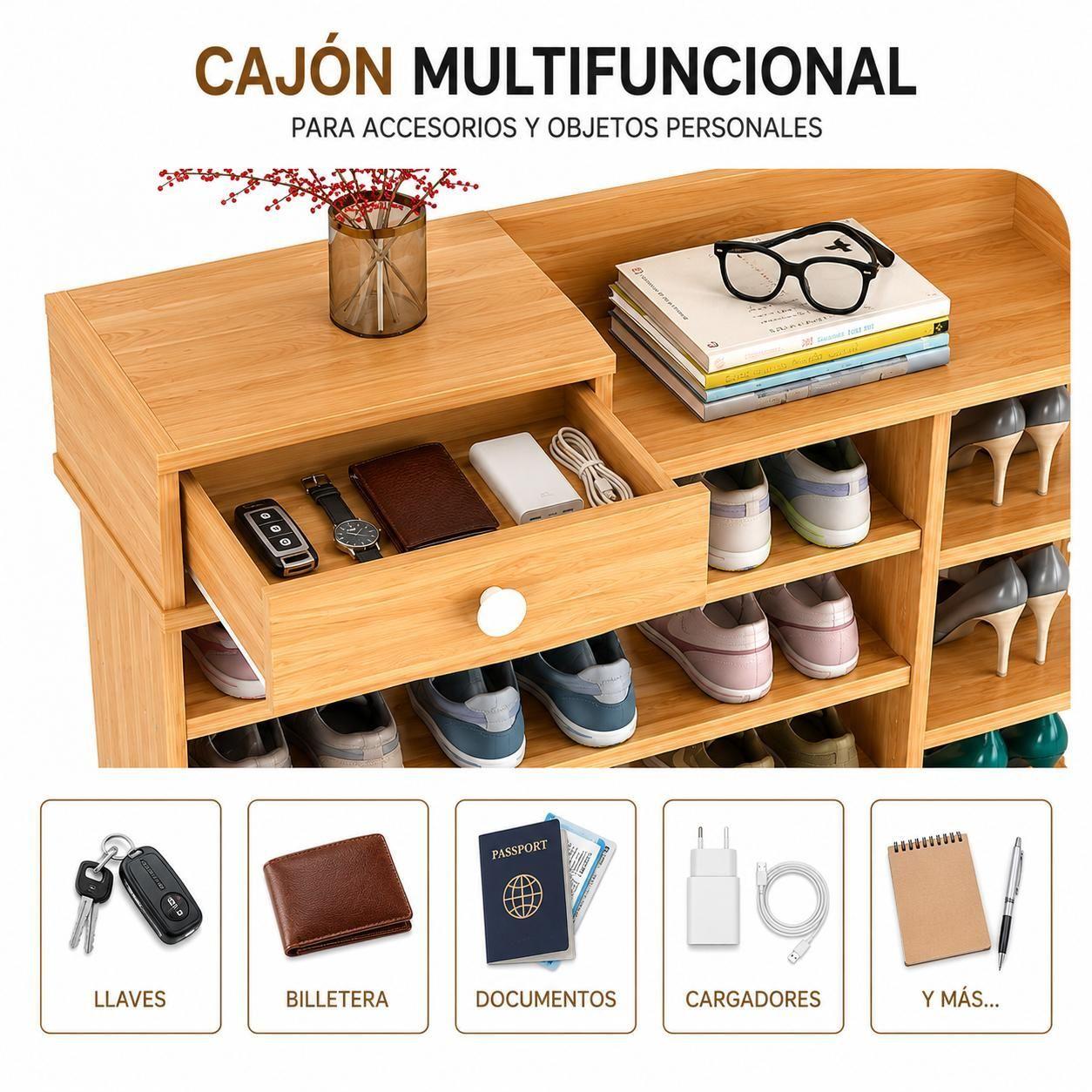 Zapatero Organizador de Madera 8 Niveles con Caj n y Repisas Laterales Gran Capacidad 100x24x106-2