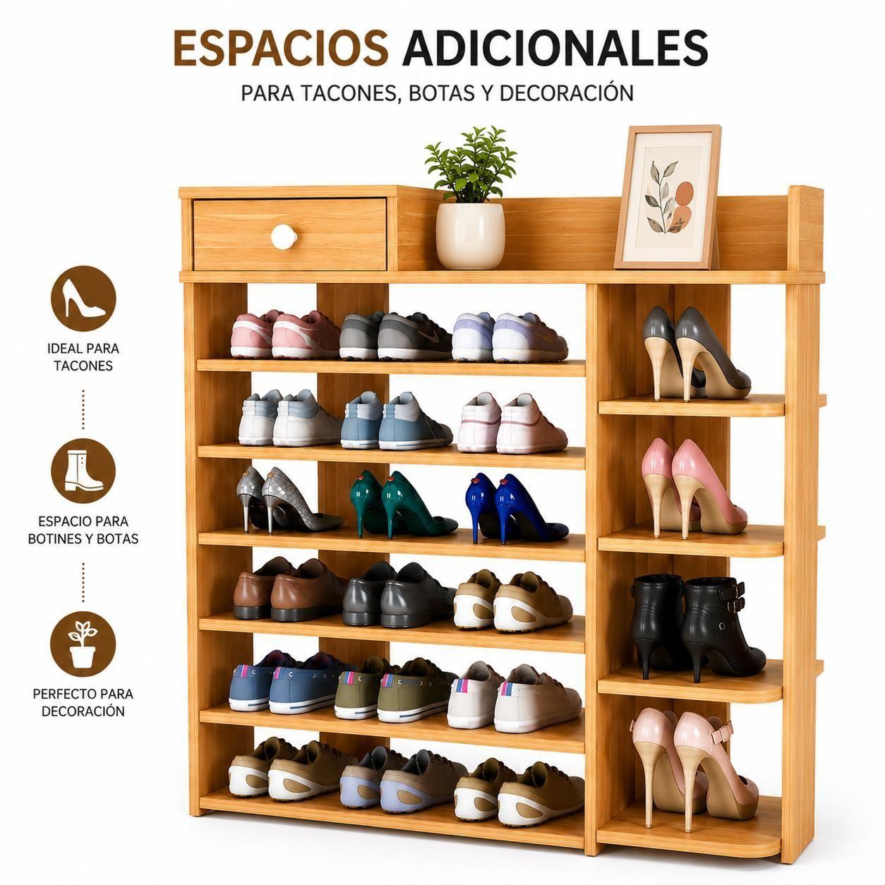 Zapatero Organizador de Madera 8 Niveles con Caj n y Repisas Laterales Gran Capacidad 100x24x106-3