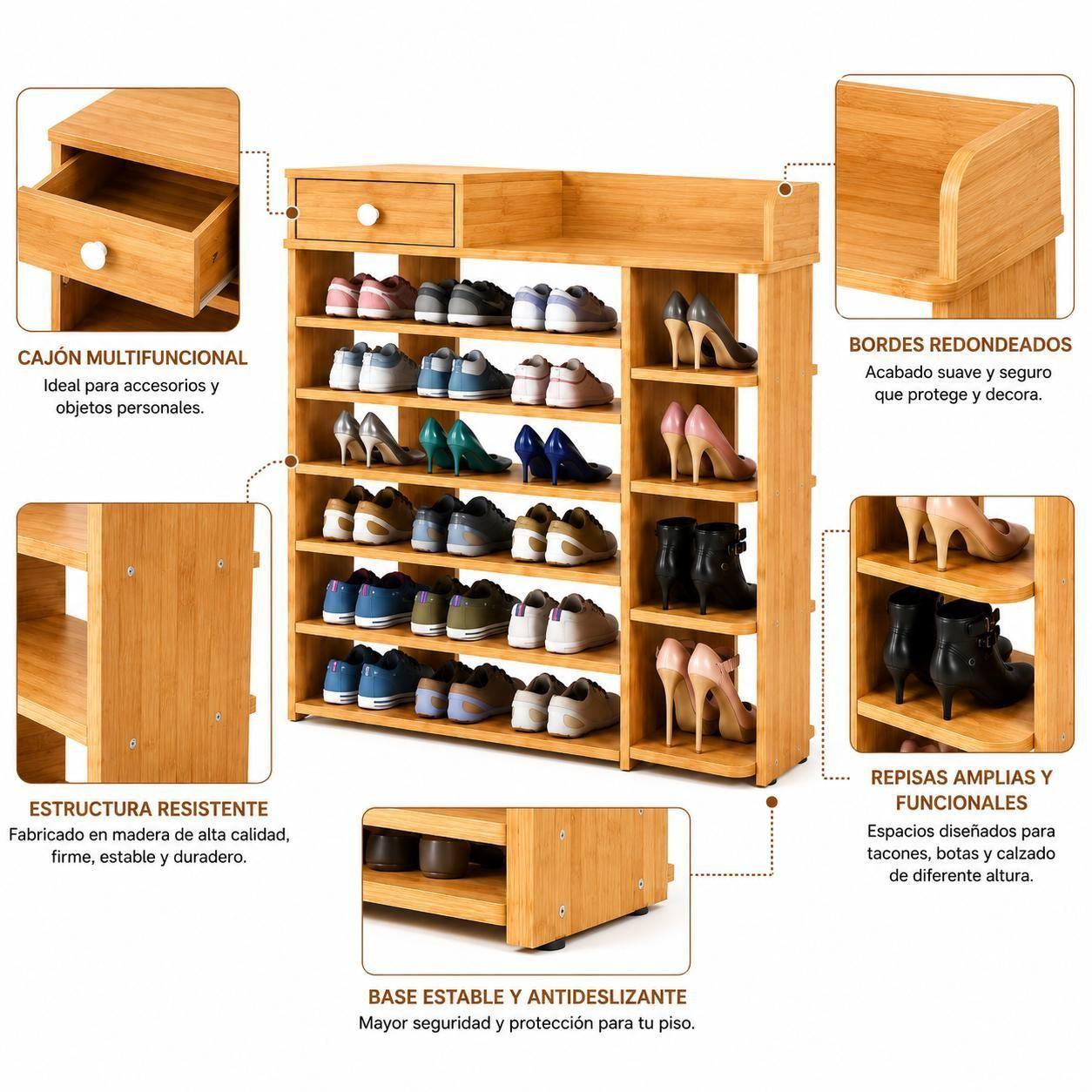 Zapatero Organizador de Madera 8 Niveles con Caj n y Repisas Laterales Gran Capacidad 100x24x106-4