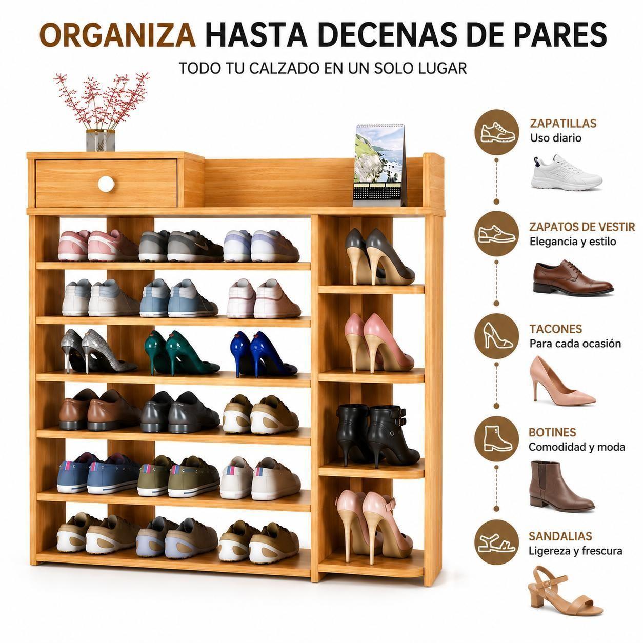 Zapatero Organizador de Madera 8 Niveles con Caj n y Repisas Laterales Gran Capacidad 100x24x106-1