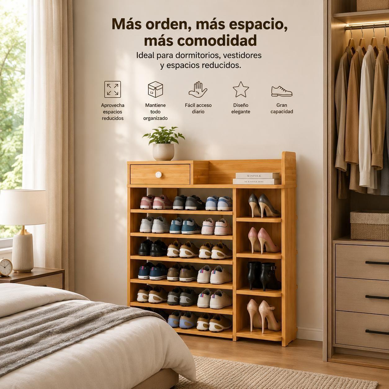 Zapatero Organizador de Madera 8 Niveles con Caj n y Repisas Laterales Gran Capacidad 100x24x106-6