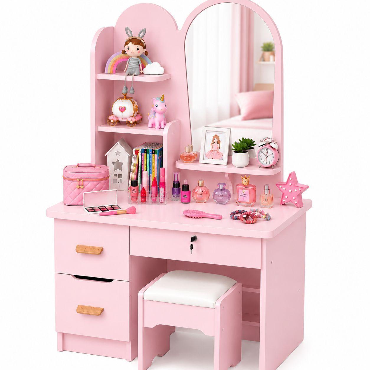 Tocador Infantil con Espejo y Taburete Moderno con Cajones y Organizador Vanity Infantil-0