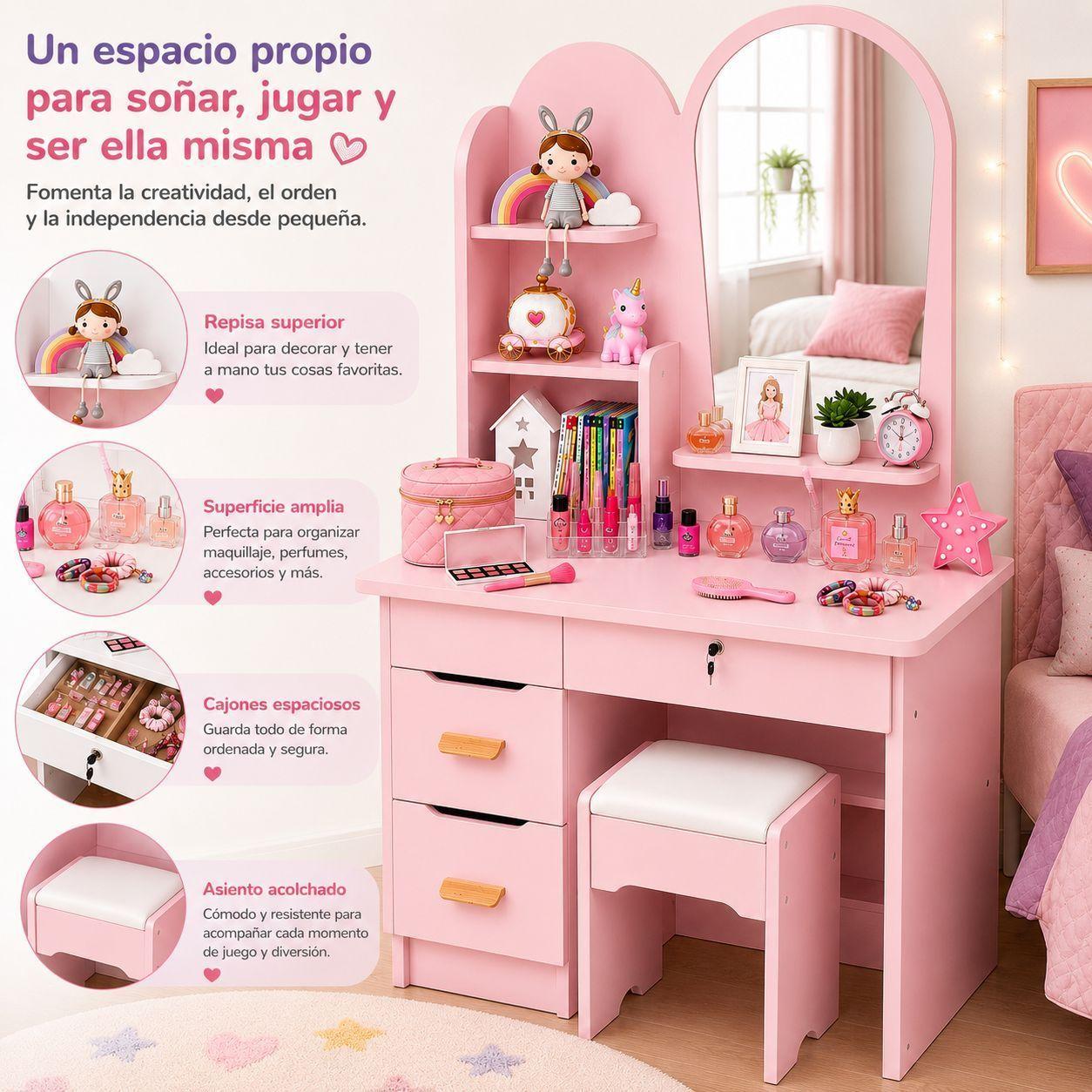 Tocador Infantil con Espejo y Taburete Moderno con Cajones y Organizador Vanity Infantil-1