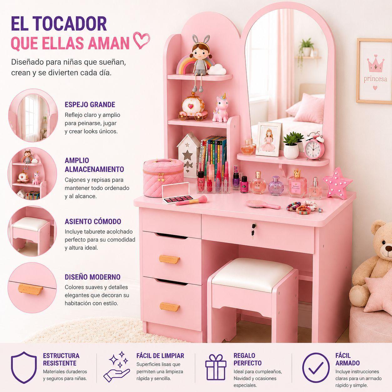Tocador Infantil con Espejo y Taburete Moderno con Cajones y Organizador Vanity Infantil-2