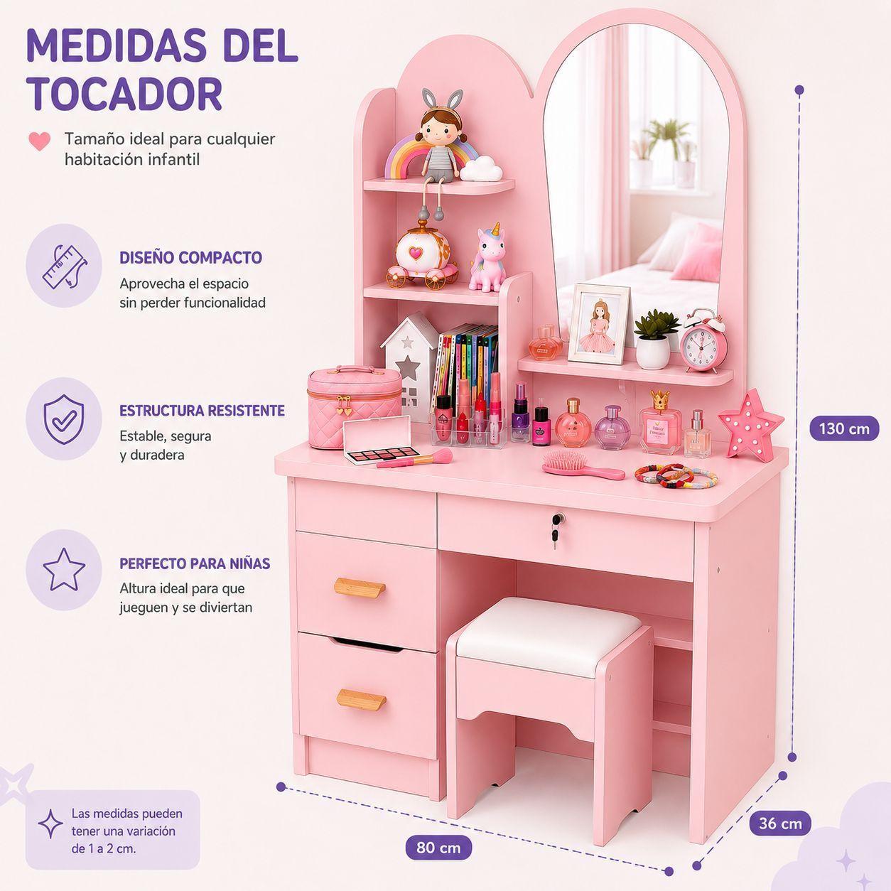 Tocador Infantil con Espejo y Taburete Moderno con Cajones y Organizador Vanity Infantil-3