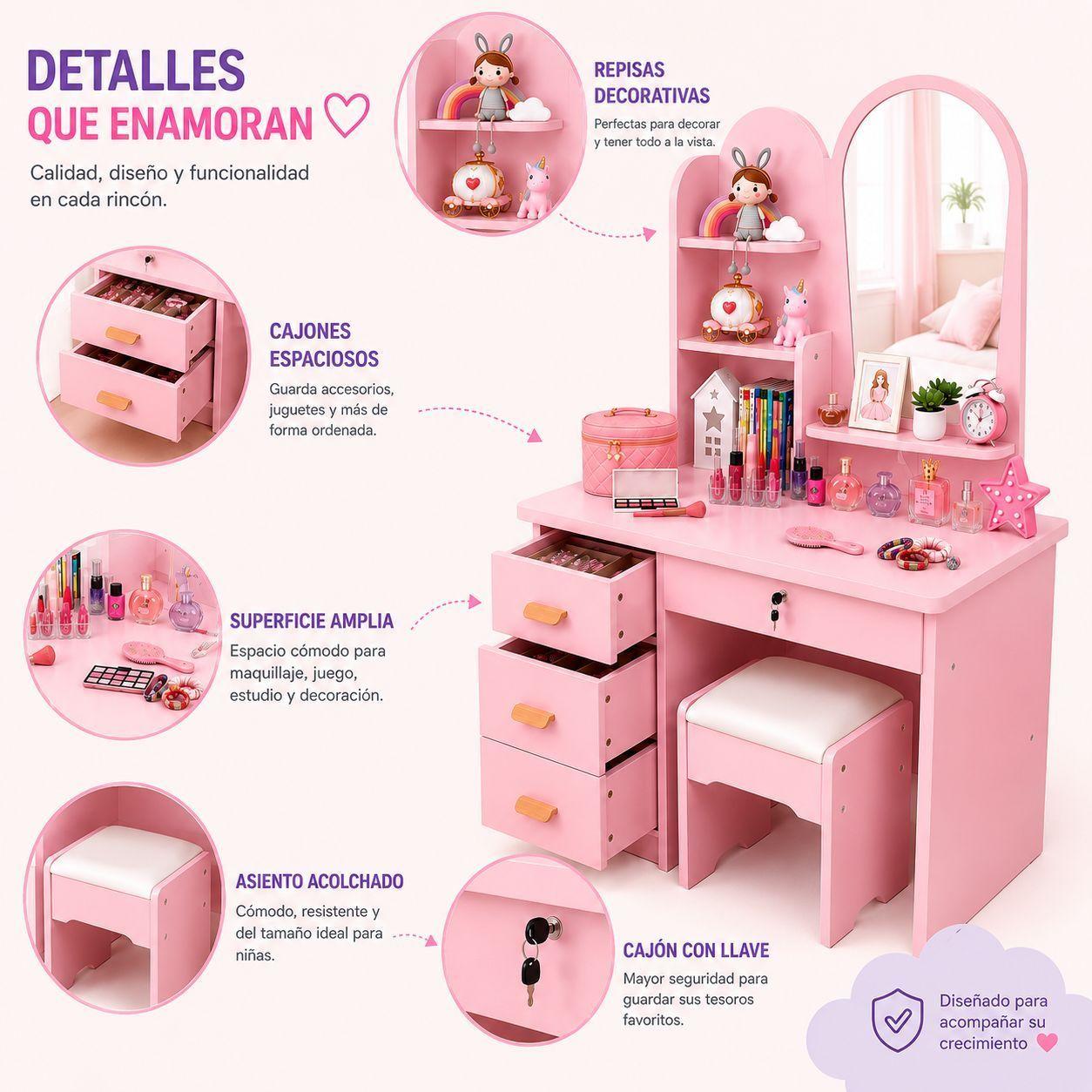 Tocador Infantil con Espejo y Taburete Moderno con Cajones y Organizador Vanity Infantil-4