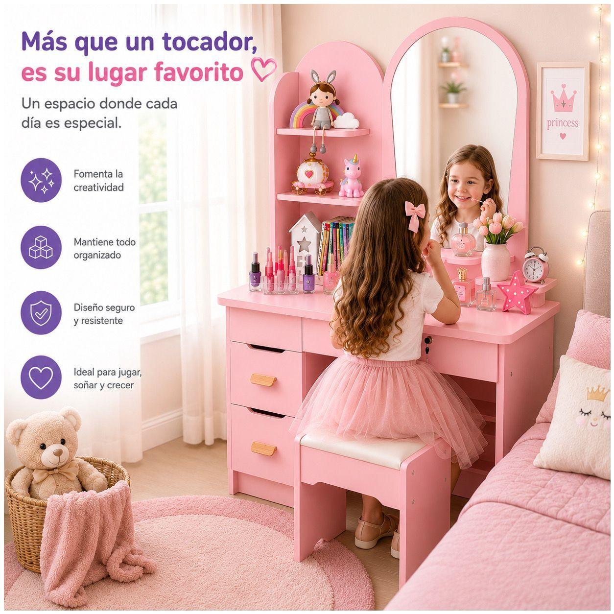Tocador Infantil con Espejo y Taburete Moderno con Cajones y Organizador Vanity Infantil-5