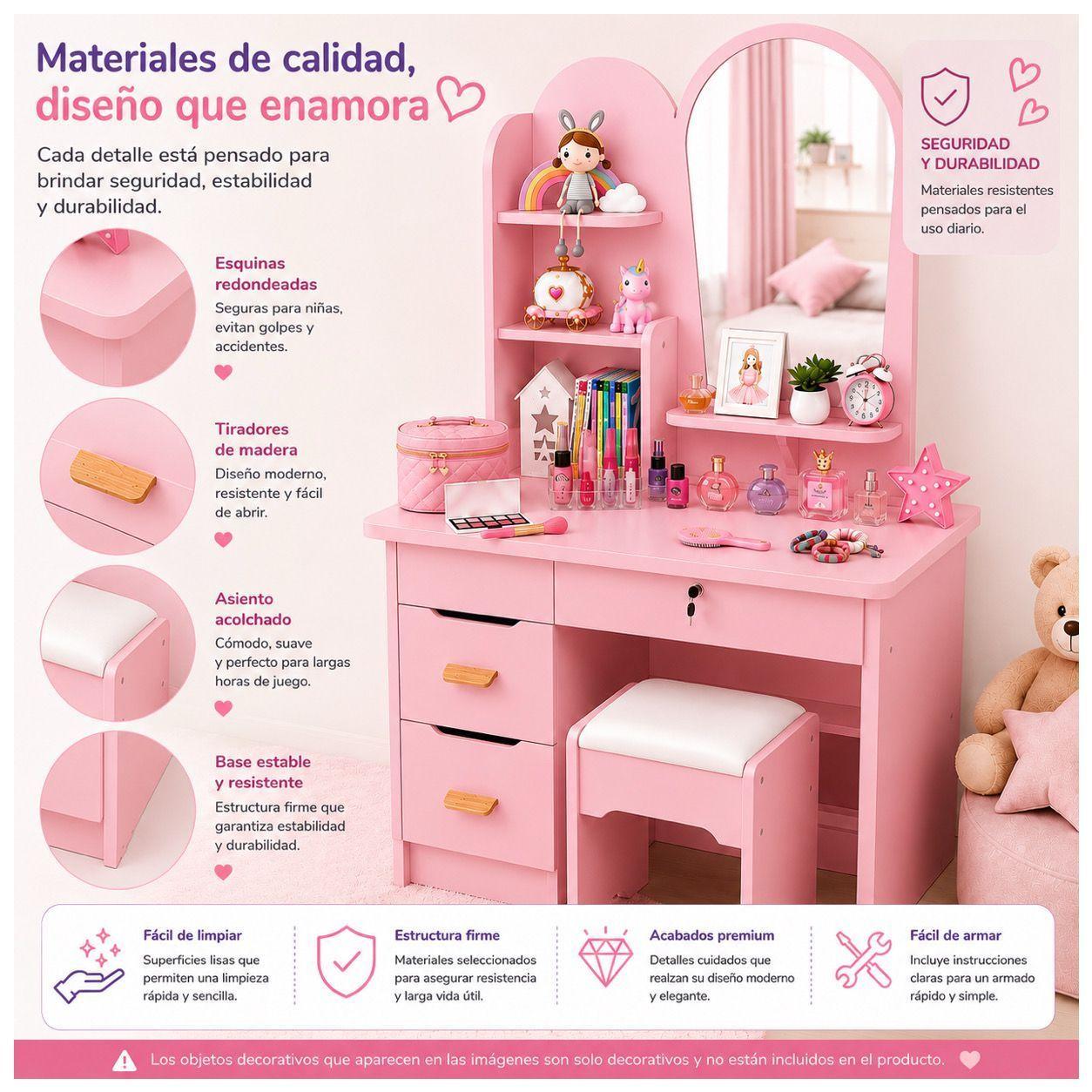 Tocador Infantil con Espejo y Taburete Moderno con Cajones y Organizador Vanity Infantil-6
